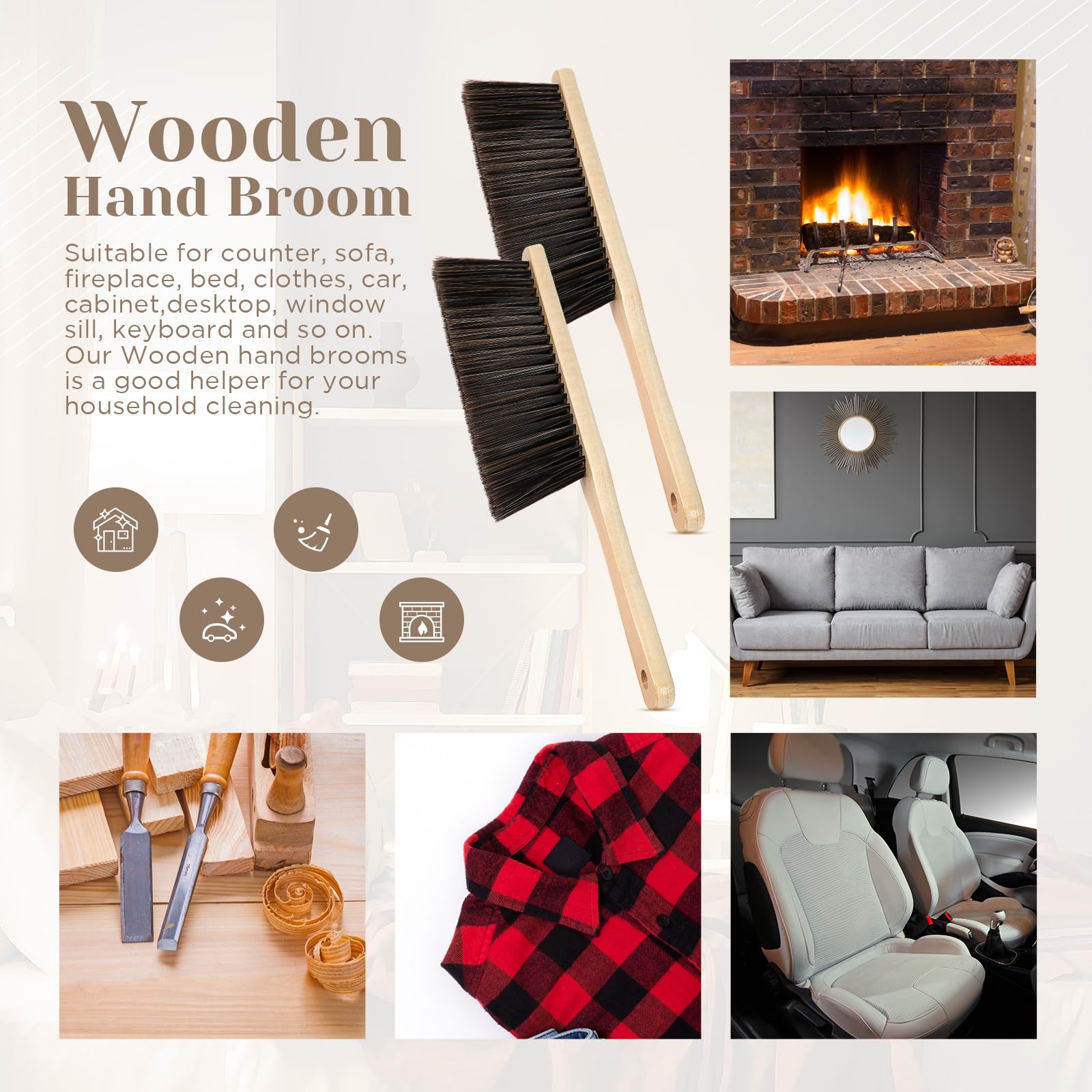 8 Pieces Wooden Dust Brush Bulk Hand Broom Bench Soft Bristle Cleaning Outdoor Furniture Brushes with Long Wood Handle for Cleaning Car Bed Sofa Fireplace Couch Clothes (8 Count)