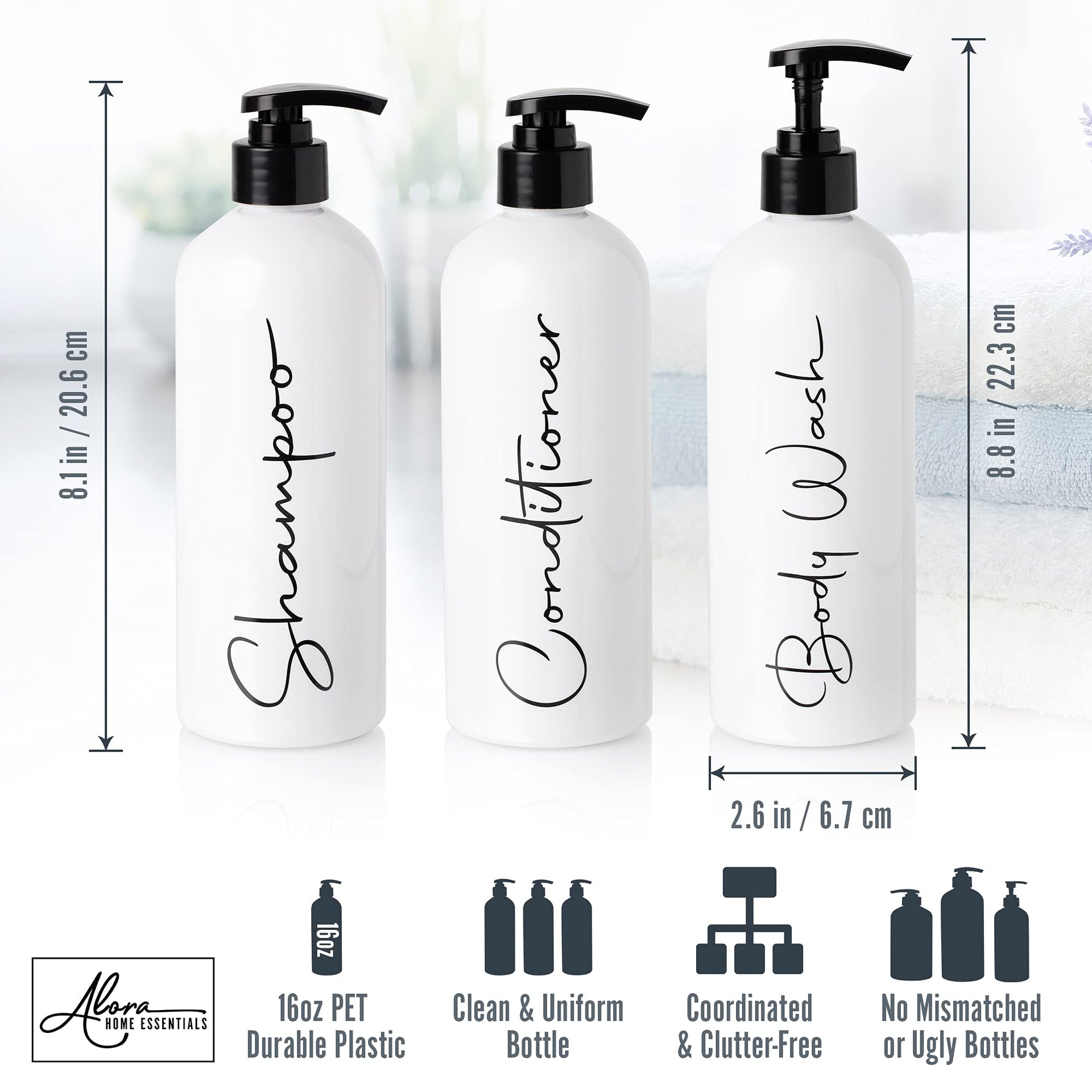 Alora 16oz Refillable Shampoo and Conditioner Dispenser Bottles (3 Count)