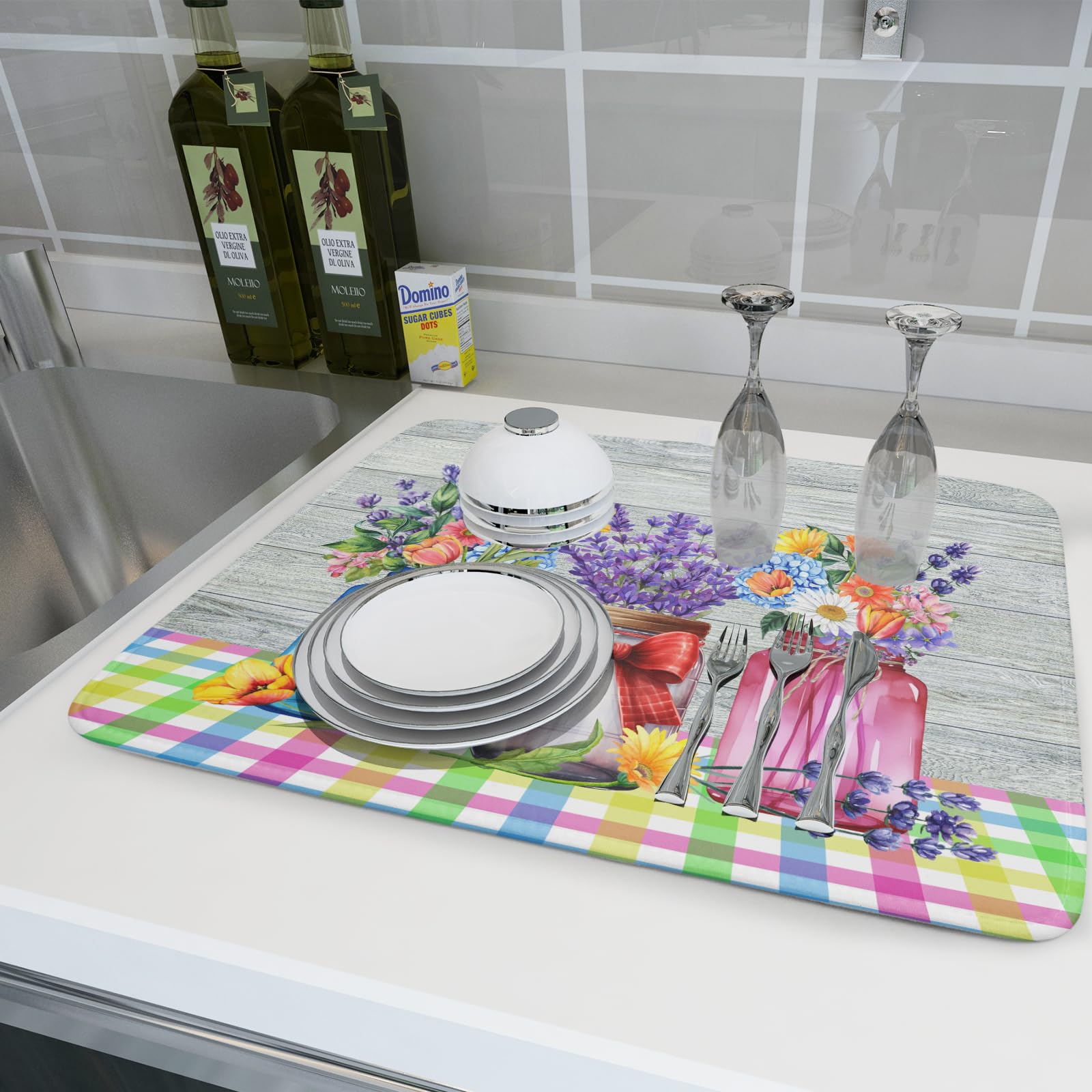 Spring Summer Flowers Dish Drying Mat for Kitchen Counter 18"x24" Spring Floral Jars Drying Mat Soft Absorbent Microfiber Farmhouse Colorful Floral Dish Drainer Rack Mats for Counter tops