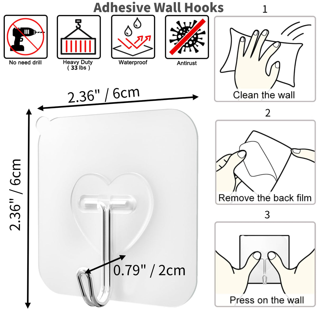 20 Pcs Clear Adhesive Hooks for Hanging 22lb Self Adhesive Wall Hooks Heavy Duty Waterproof Transparent Sticky Hooks for Shower Home Bathroom Kitchen Office (20 Count)