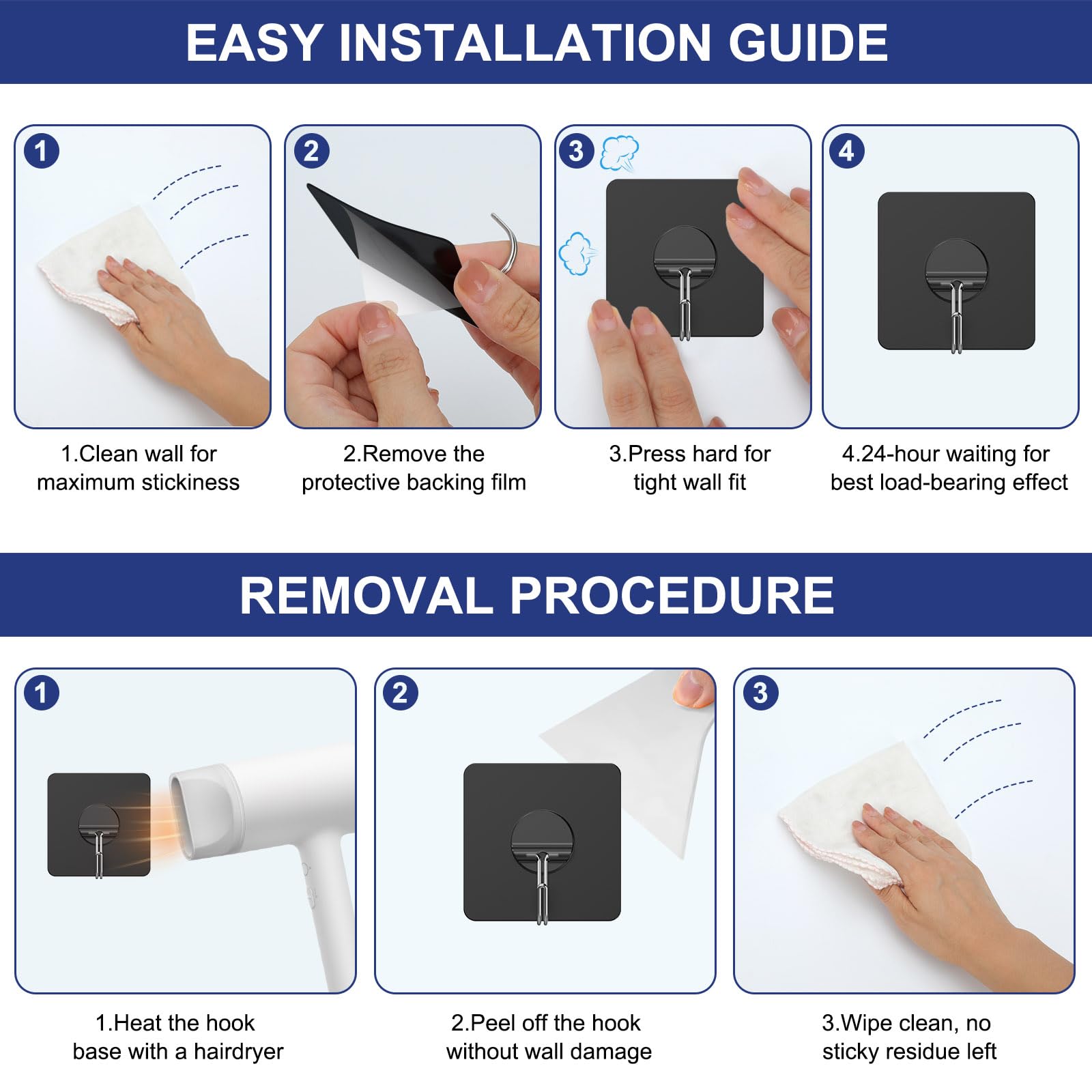 Adhesive Wall Hooks No Drill Black Heavy Duty (12 Count)