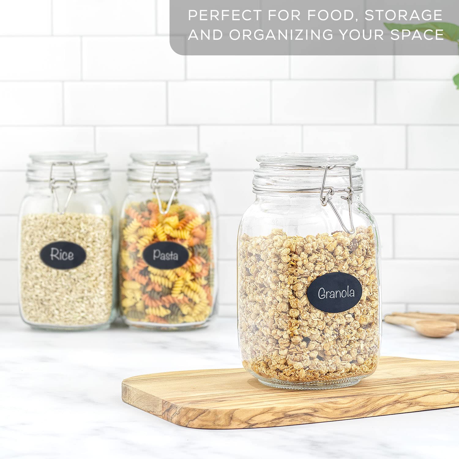 Airtight Glass Jars with Lids Set of 3. 50oz Glass Jar with Lid and 6 Silicone Seals! Med Glass Food Storage Containers. Square Mason Jar (3 Count)