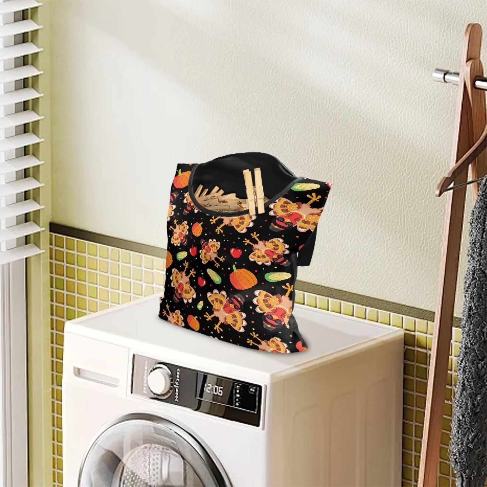 Thanksgiving Turkey Pumpkin Extra Large Clothespin Bag with Rope