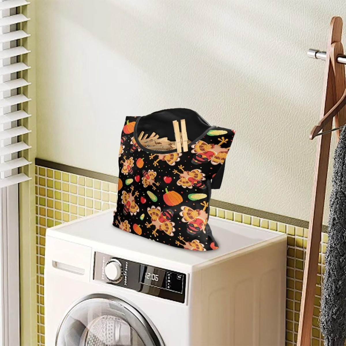 Thanksgiving Turkey Pumpkin Extra Large Clothespin Bag with Rope