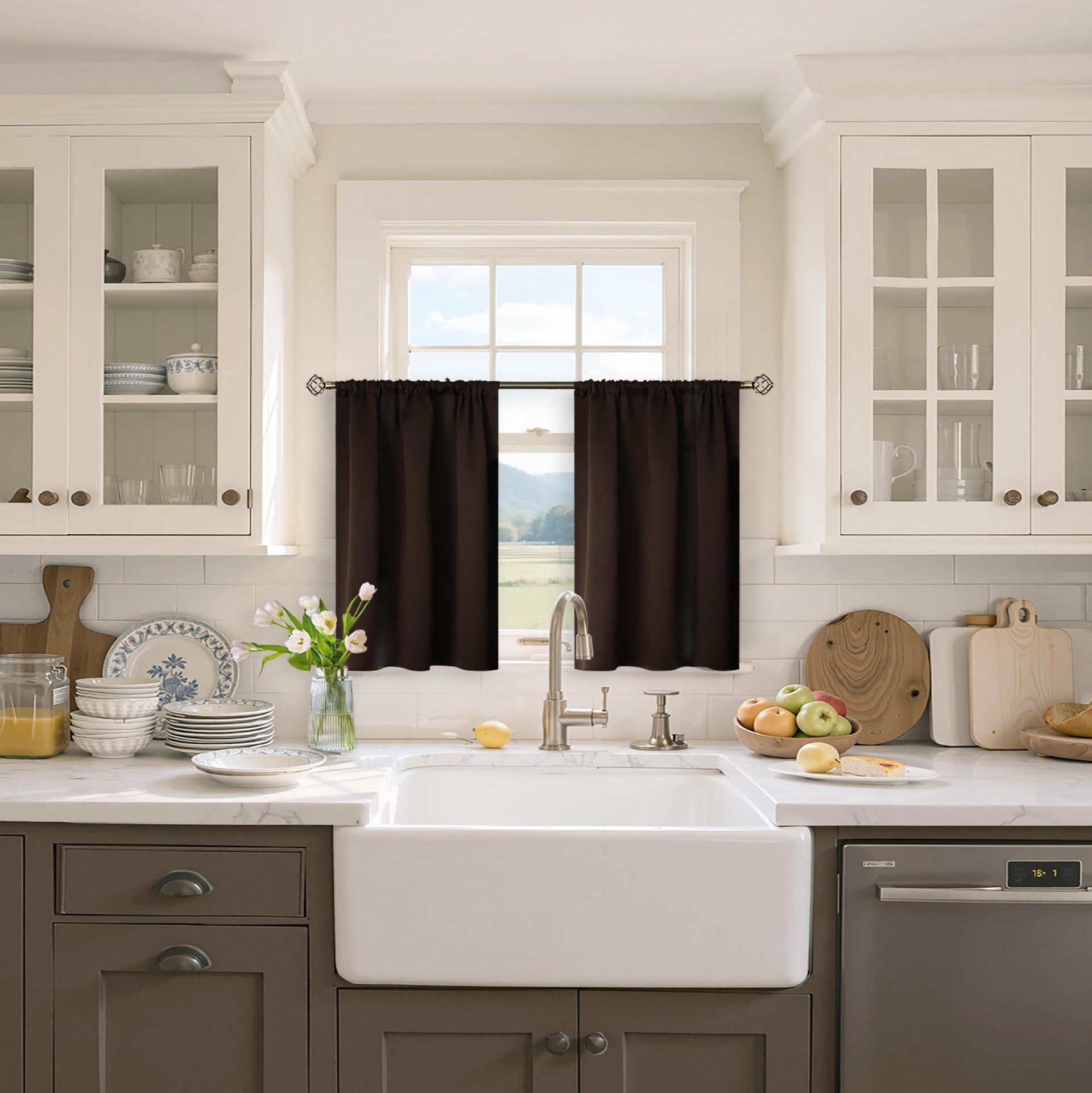 Small Brown Kitchen Curtains 36 Inch Length (2 Count)