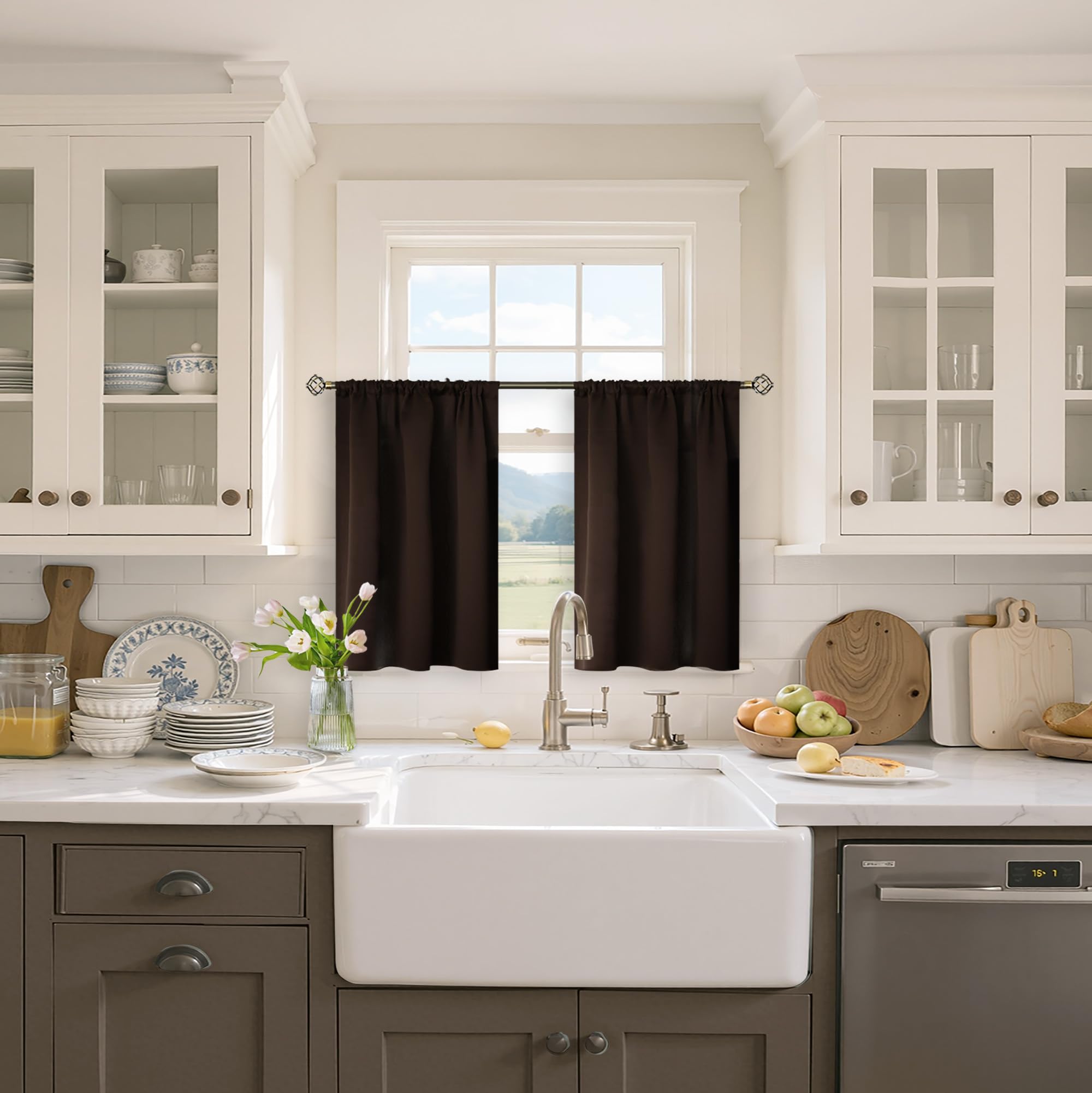 Small Brown Kitchen Curtains 36 Inch Length (2 Count)