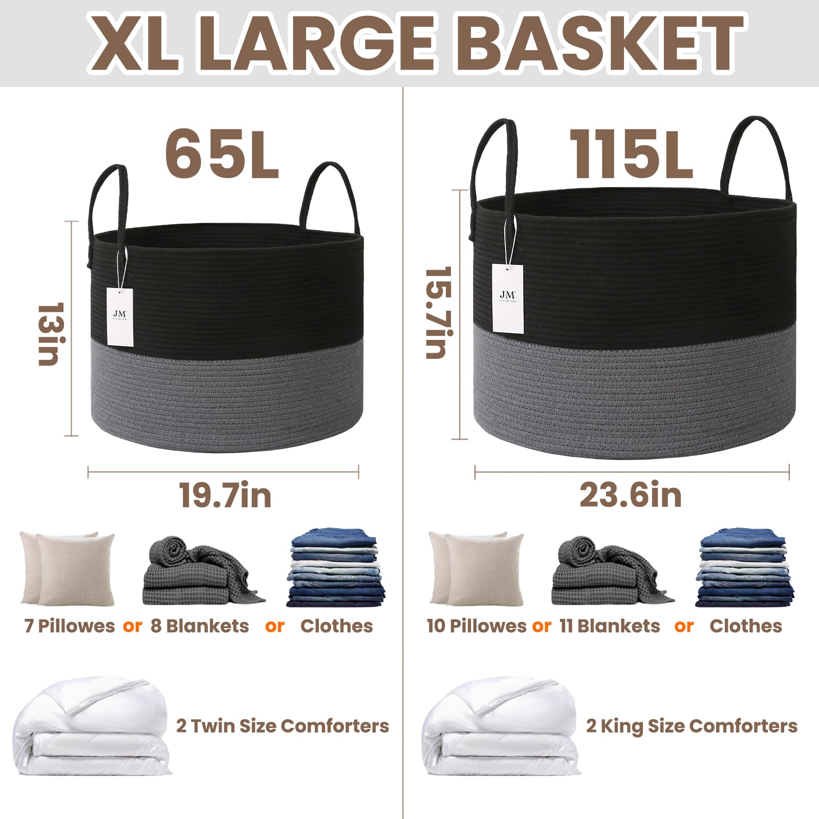 115L Extra Large Machine Washable Cotton Rope Blanket Basket