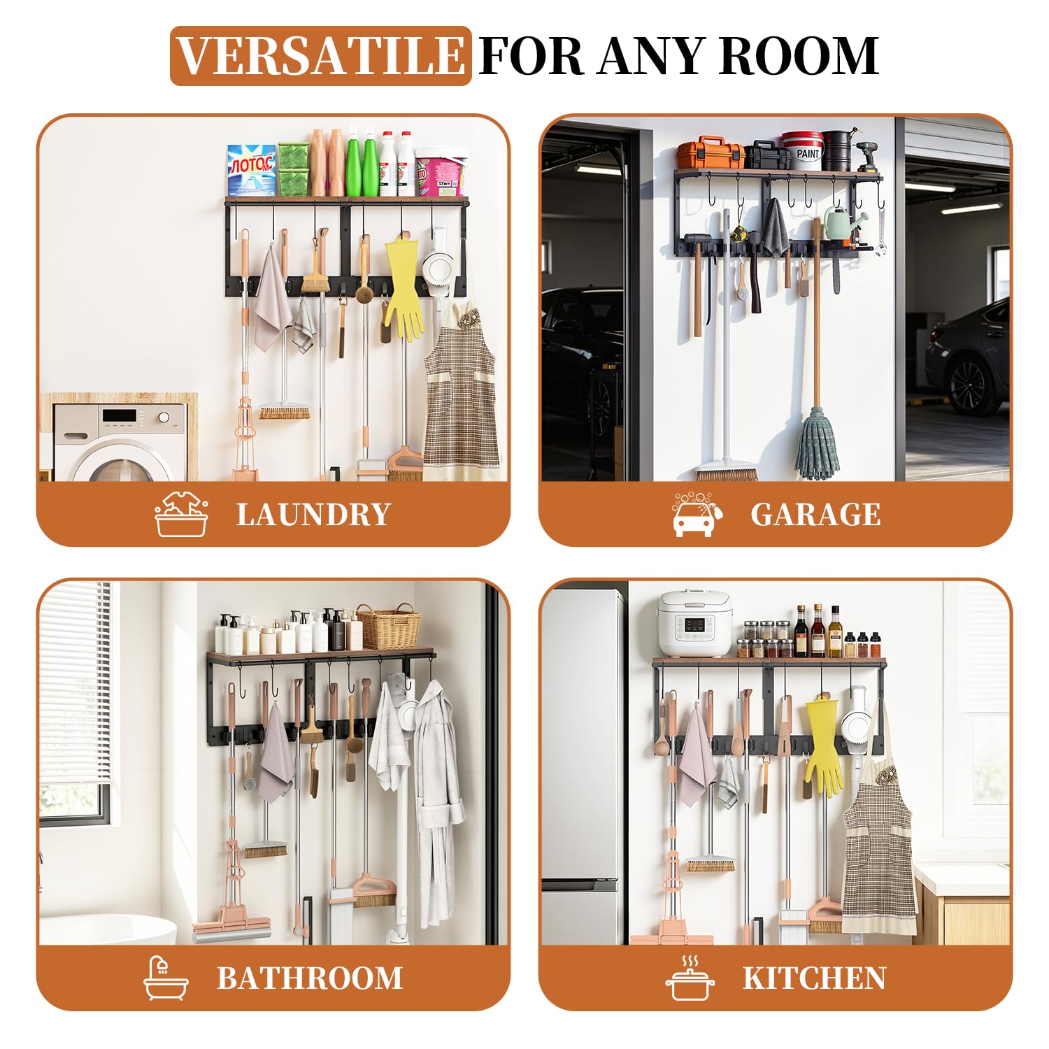 3-in-1 Broom Holder Wall Mount Broom and Mop Organizer Wall Hanging