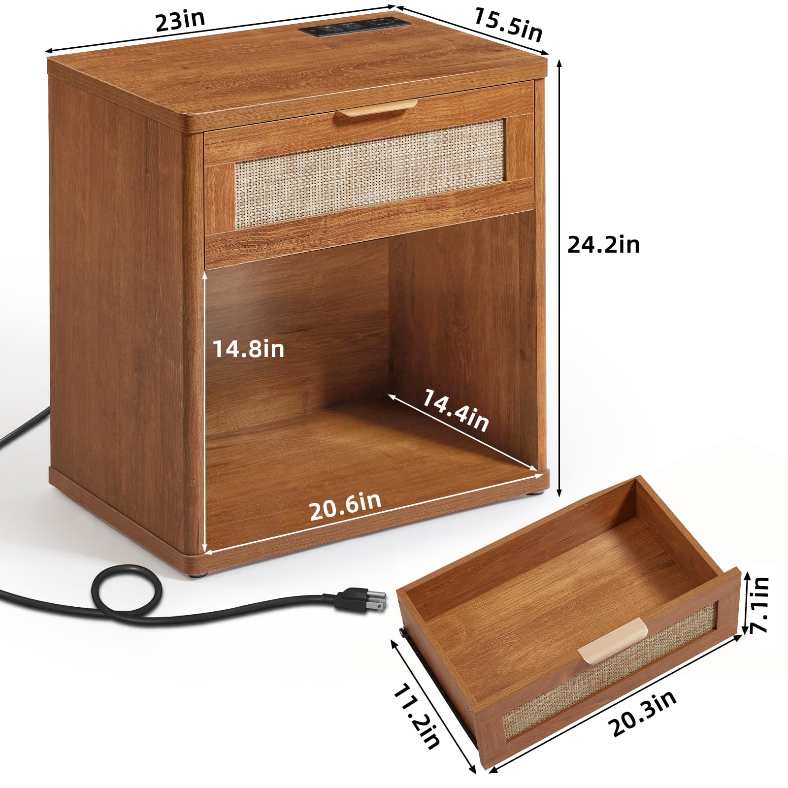 Rattan Nightstand with Charging Station