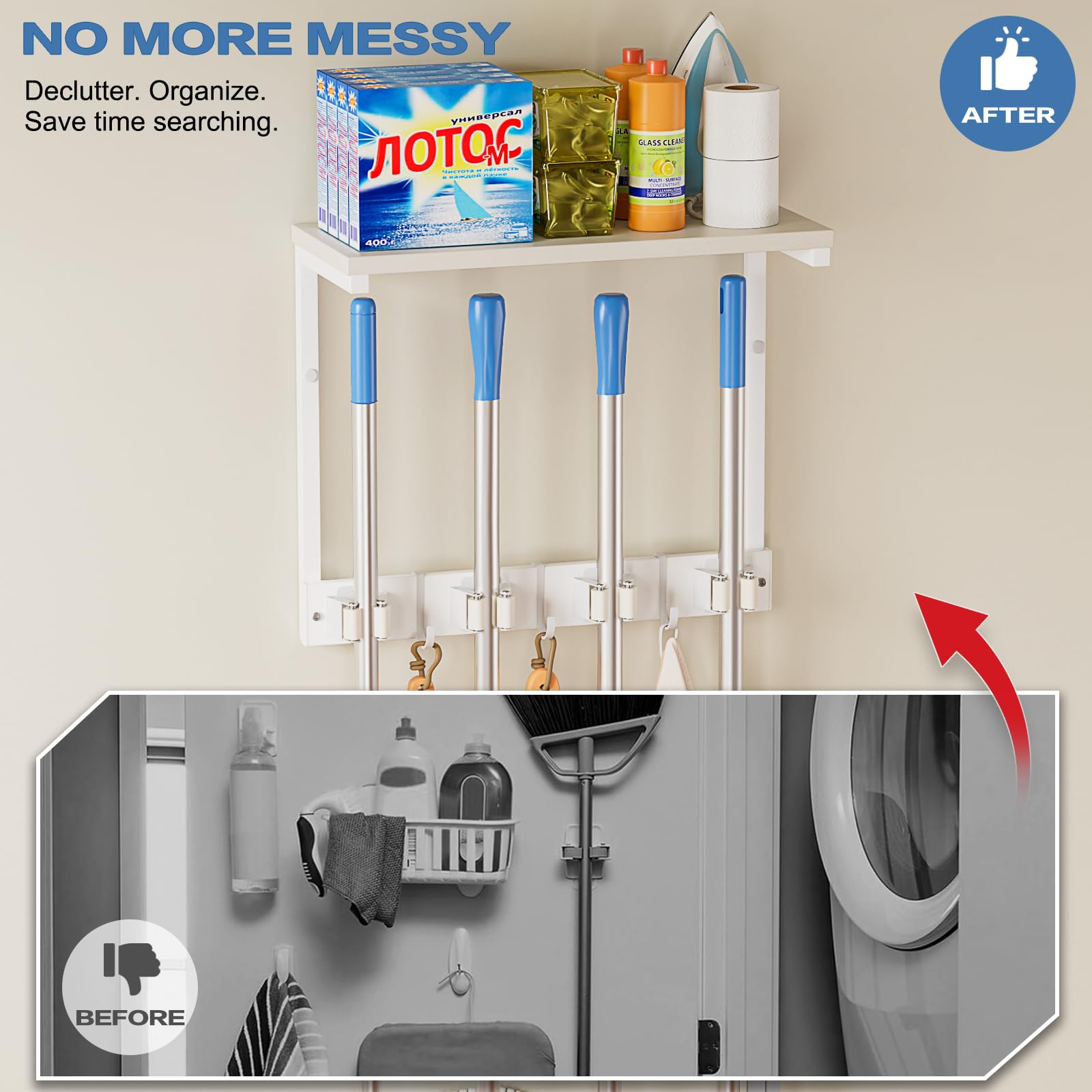 Broom Holder Wall Mount with Cleaning Supplies Organizer