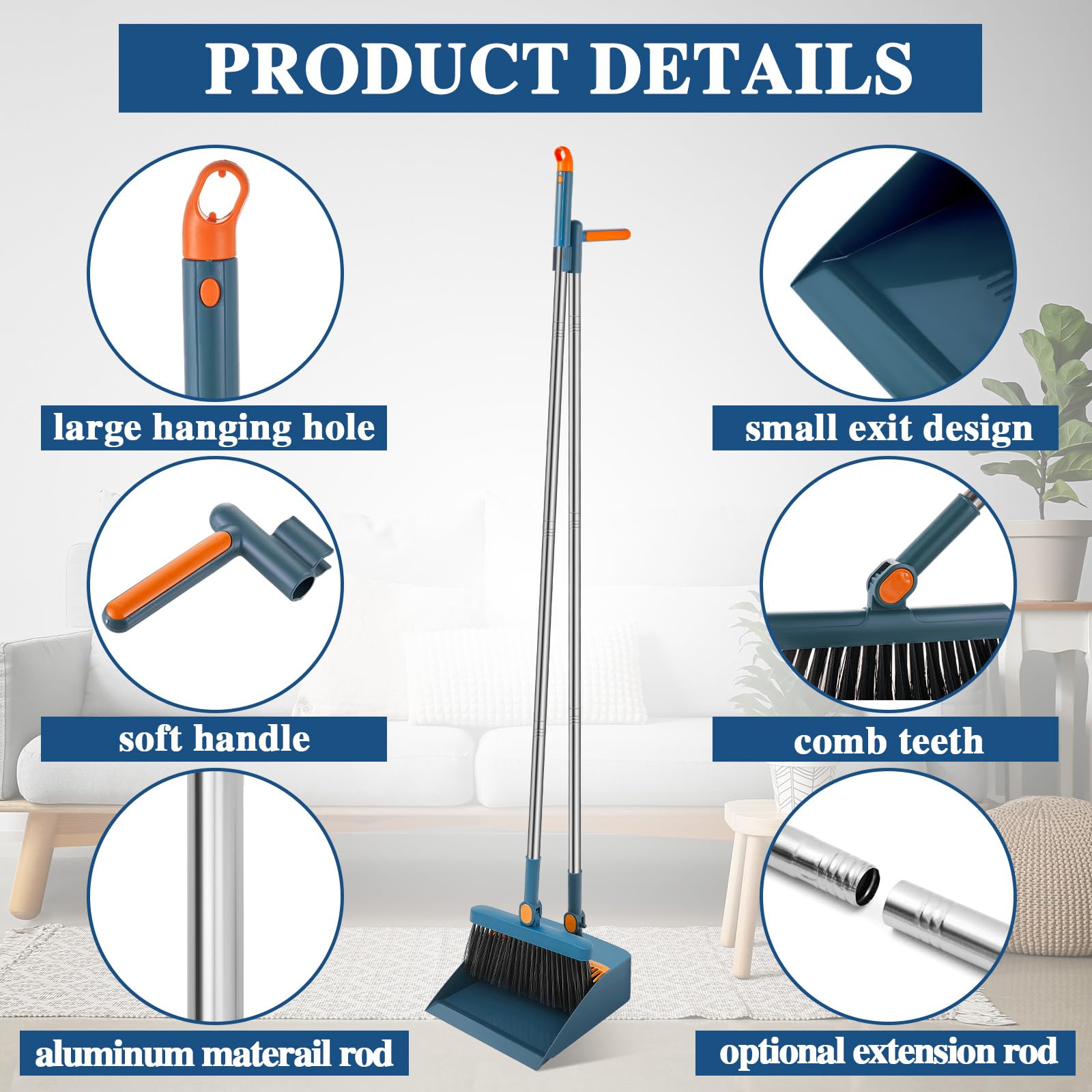 4 Set 8 Pcs Broom and Dustpan Set 47 Inch Long Handle Brooms for Sweeping Indoor Household Dustpans for Indoor Outdoor Kitchen Floor