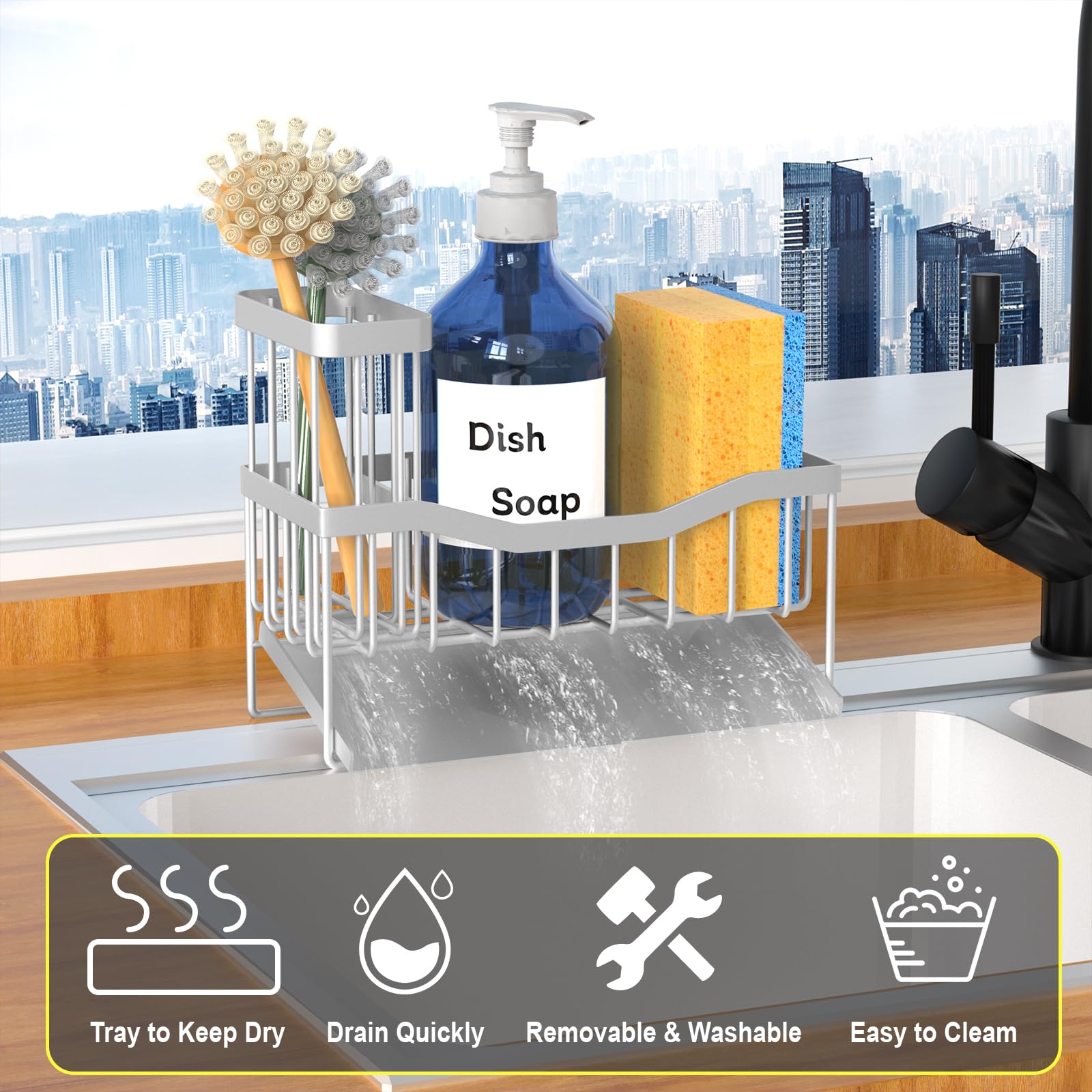 Maifan Sink Caddy Sponge Holder for Kitchen with Brush Holder and Stainless Steel Self Drain Tray