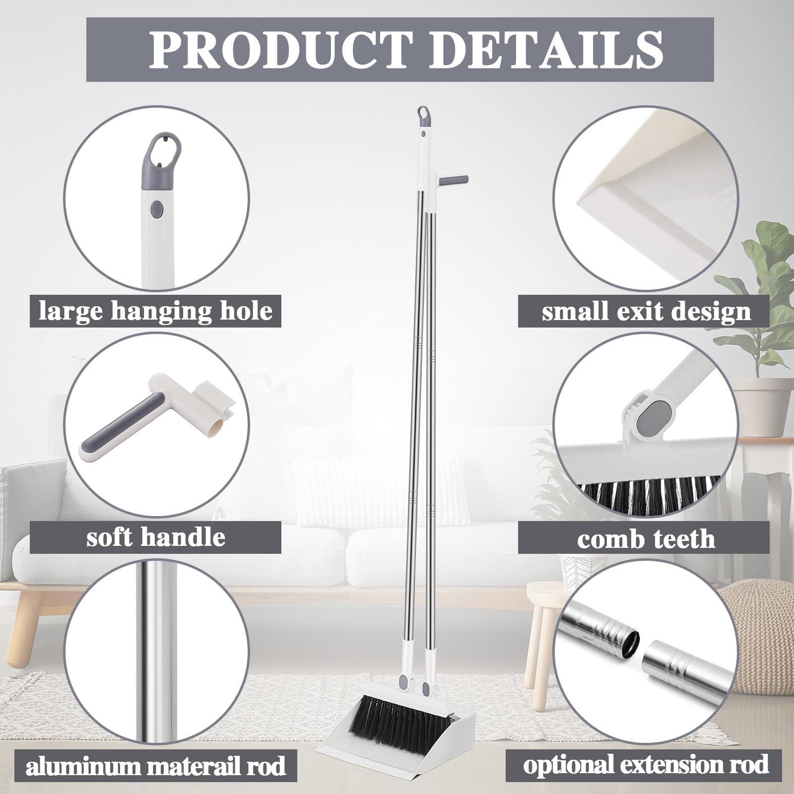 4 Set 8 Pcs Broom and Dustpan Set 47 Inch Long Handle Brooms for Sweeping Indoor Household Dustpans for Indoor Outdoor Kitchen Floor