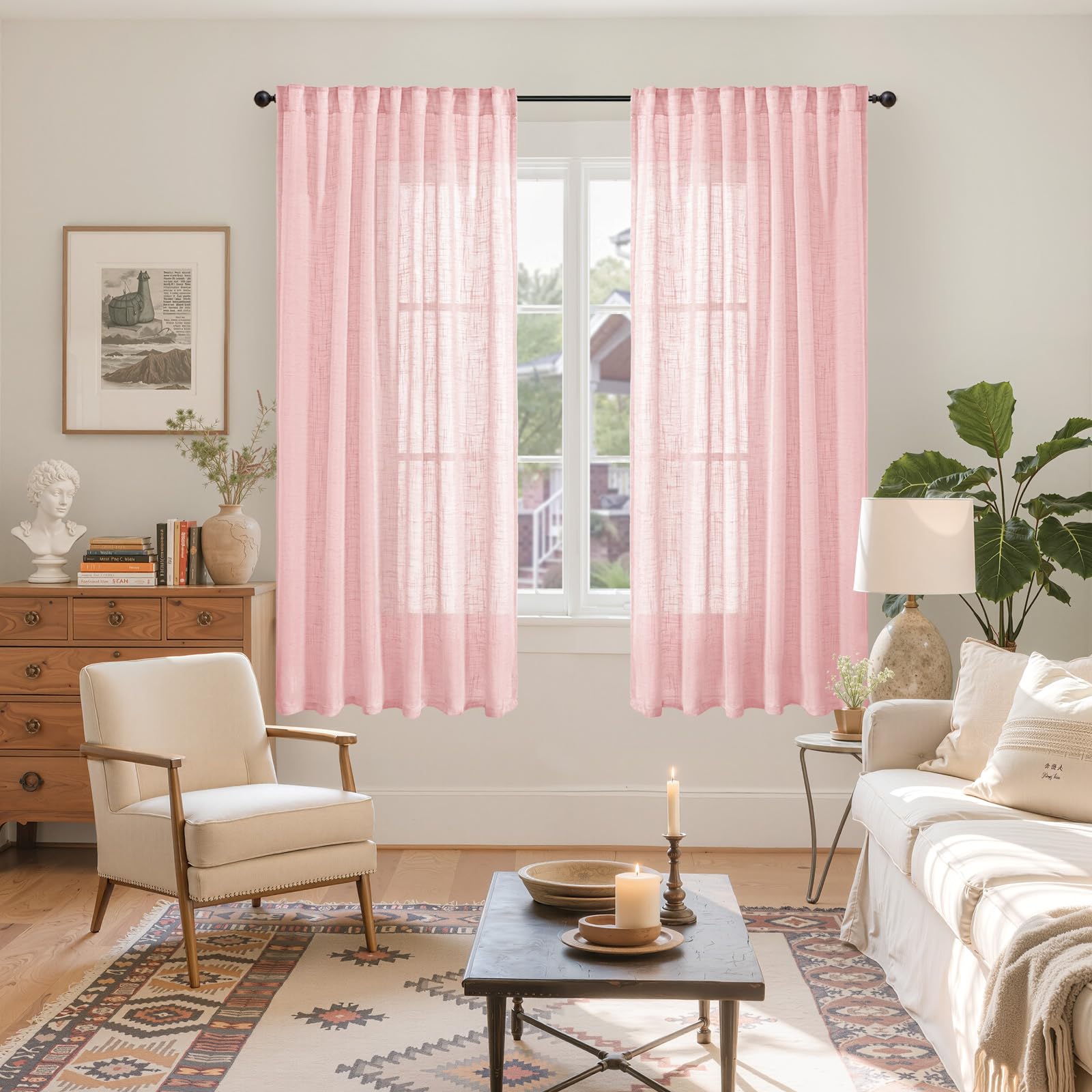 Light Pink Linen Curtains 63 Inch Length for Living Room (2 Count)
