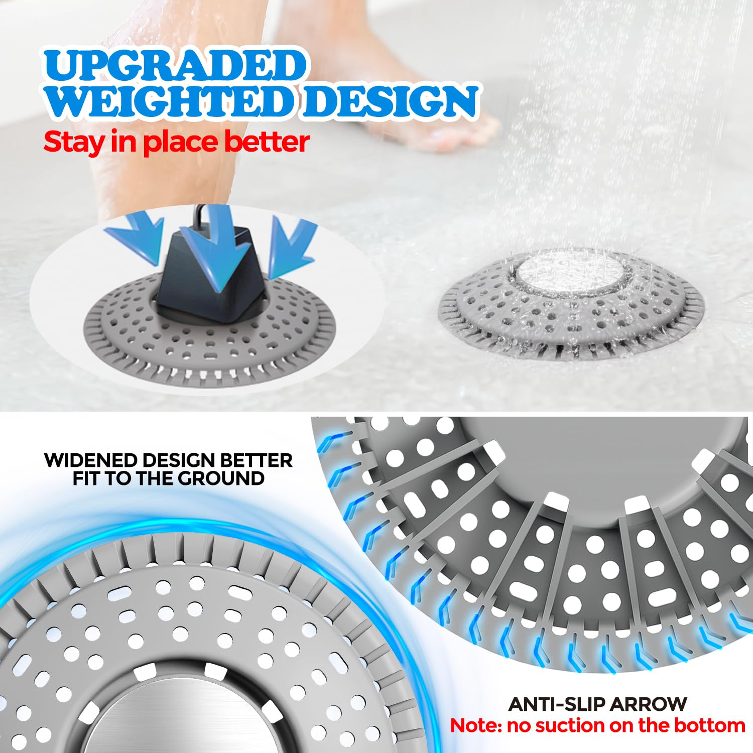 Shower Drain Hair Catcher Silicone Flat Floor Strainer Protector (2 Count)