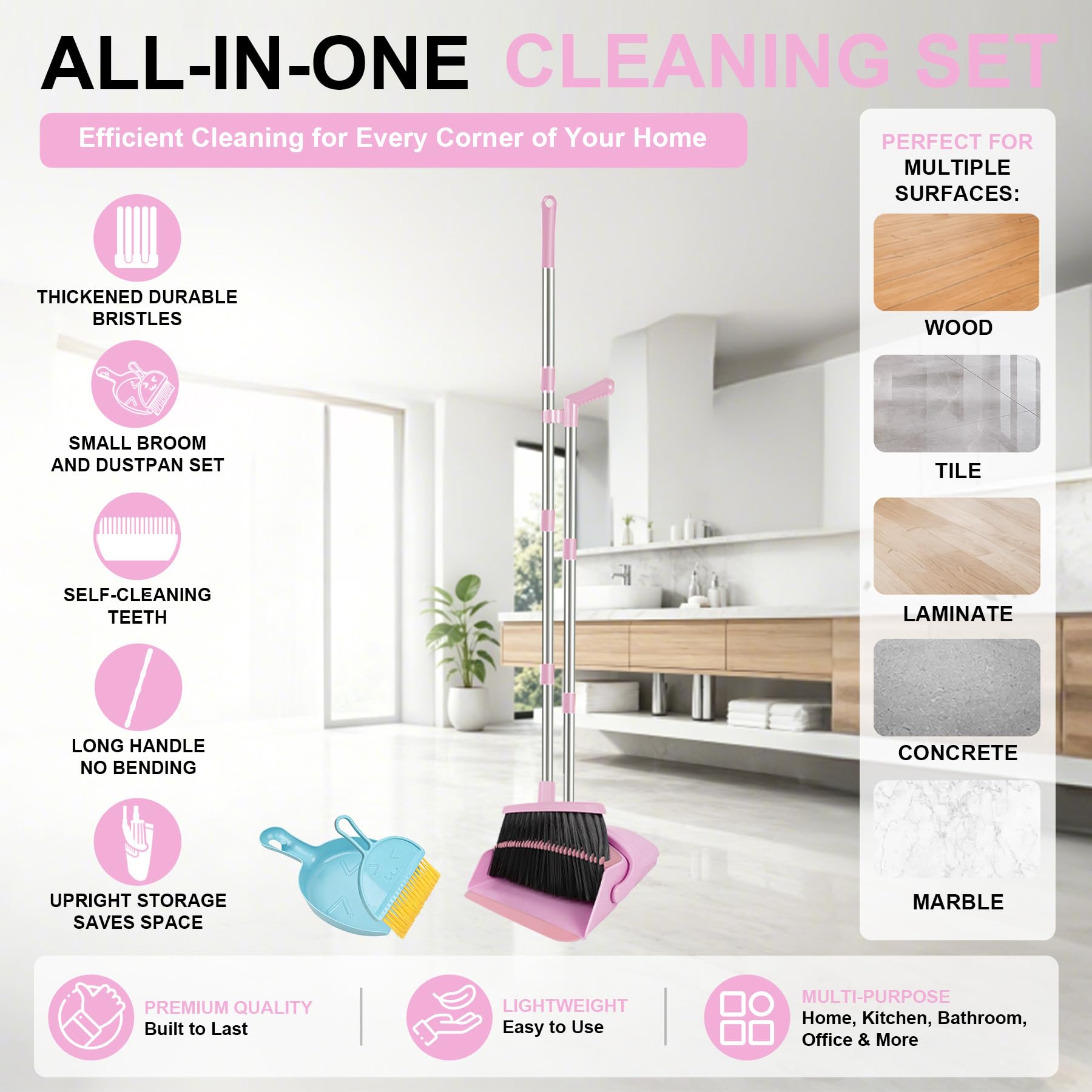 Pink Broom and Dustpan Combo Set