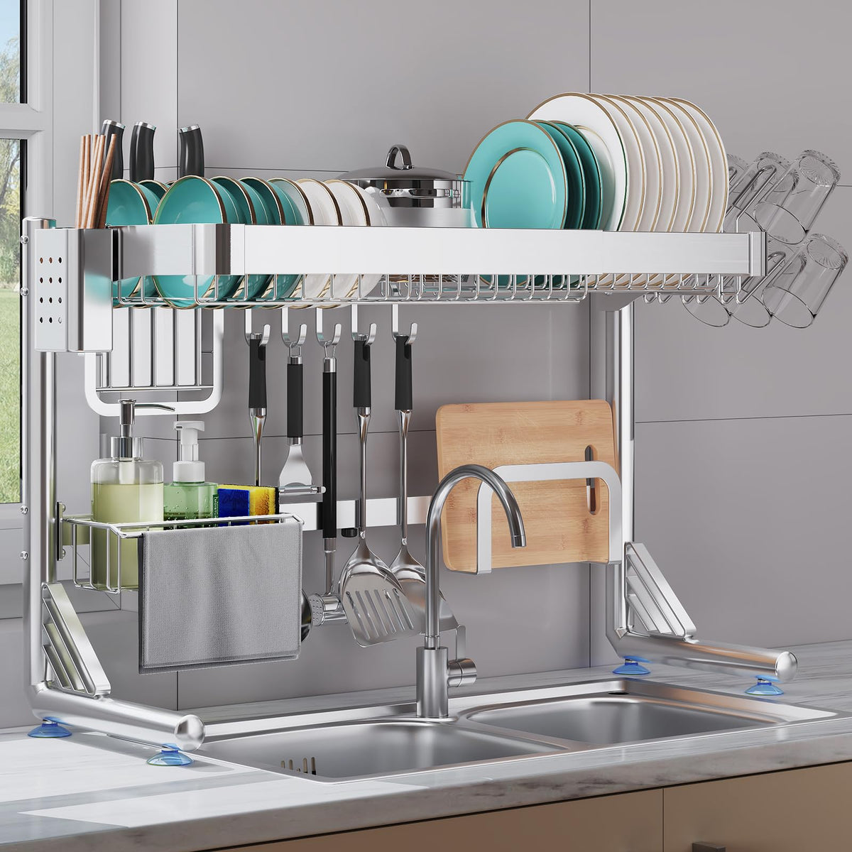 Over The Sink Dish Drainer Drying Rack 2 Tier Adjustable Width