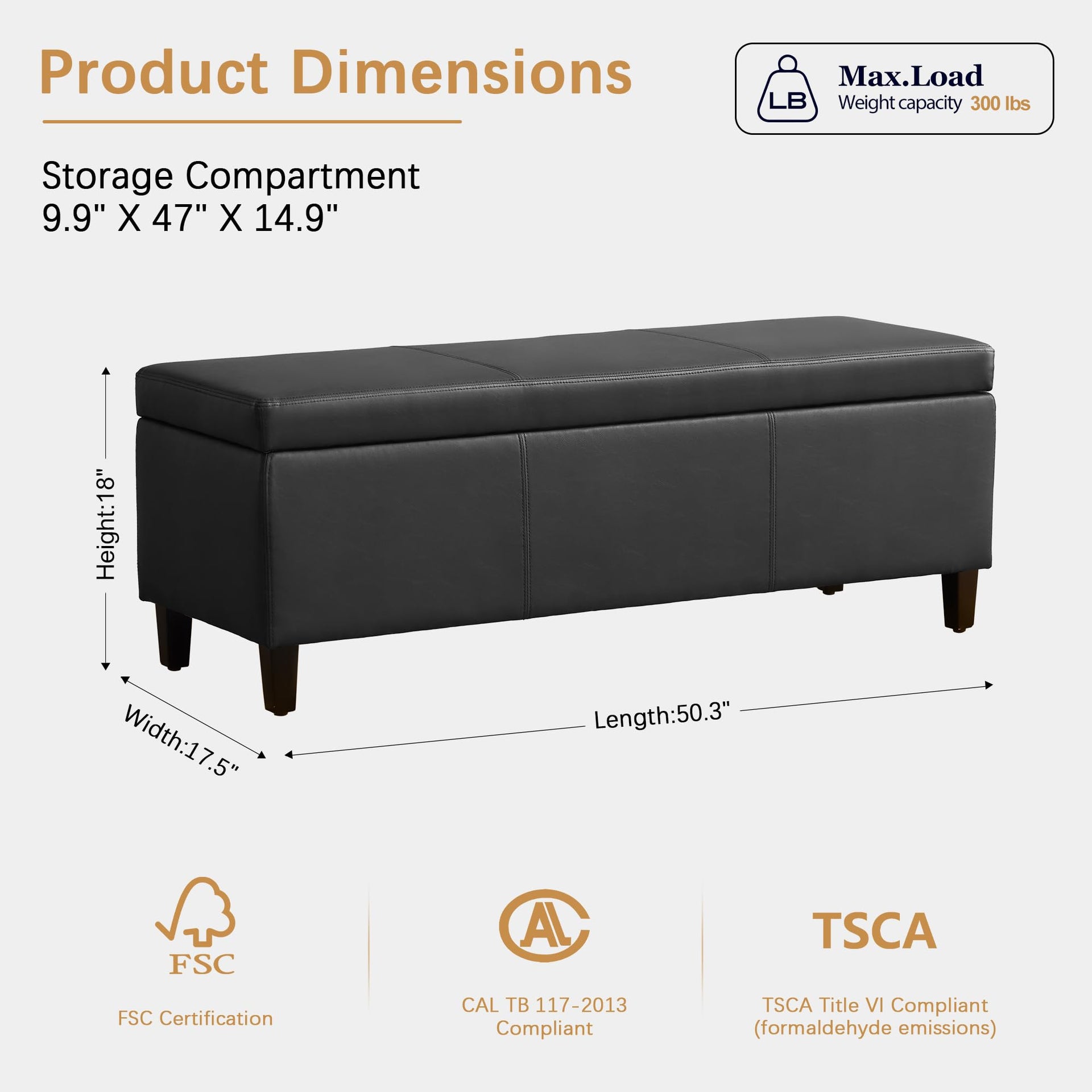 Faux Leather Storage Ottoman Bench 50.3 Inch Extra Long PU Upholstered Bedroom Bench with Large Storage Space for the Living Room