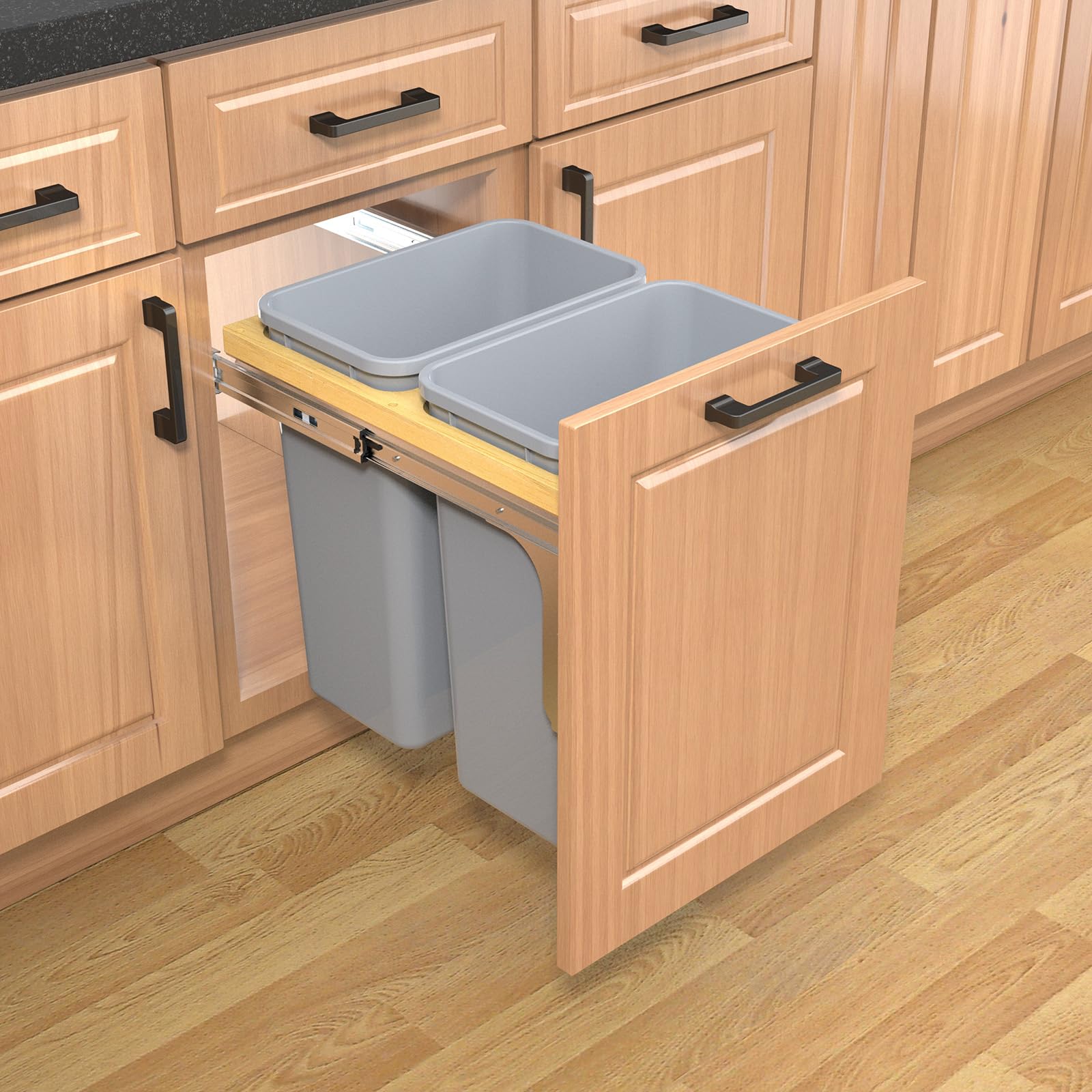 Double Pull Out Under Cabinet Trash Can 35 Qt Garbage Bin for 15" x 1.5" Face Frame