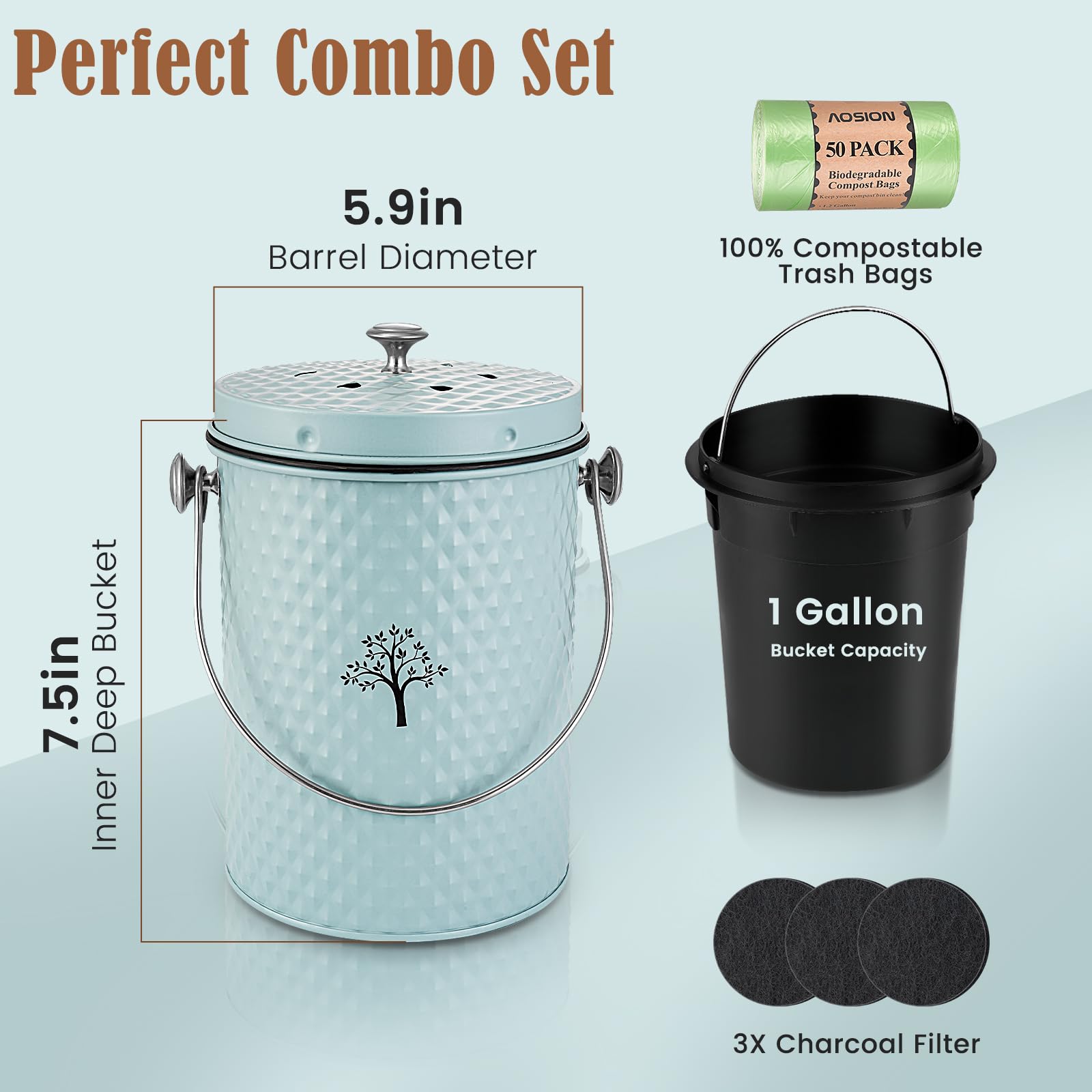 Countertop Kitchen Odorless Compost Bin with Removable Inner Bucket