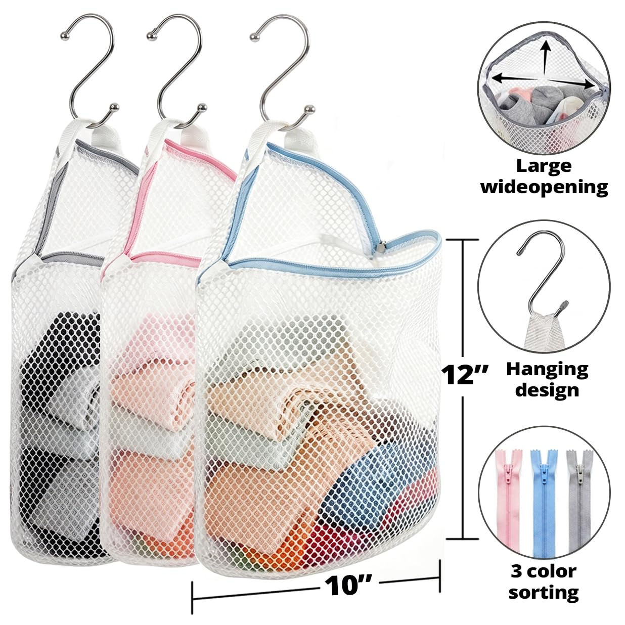 3Pcs Hanging Laundry Bags for Socks with S Hooks (3 Count)