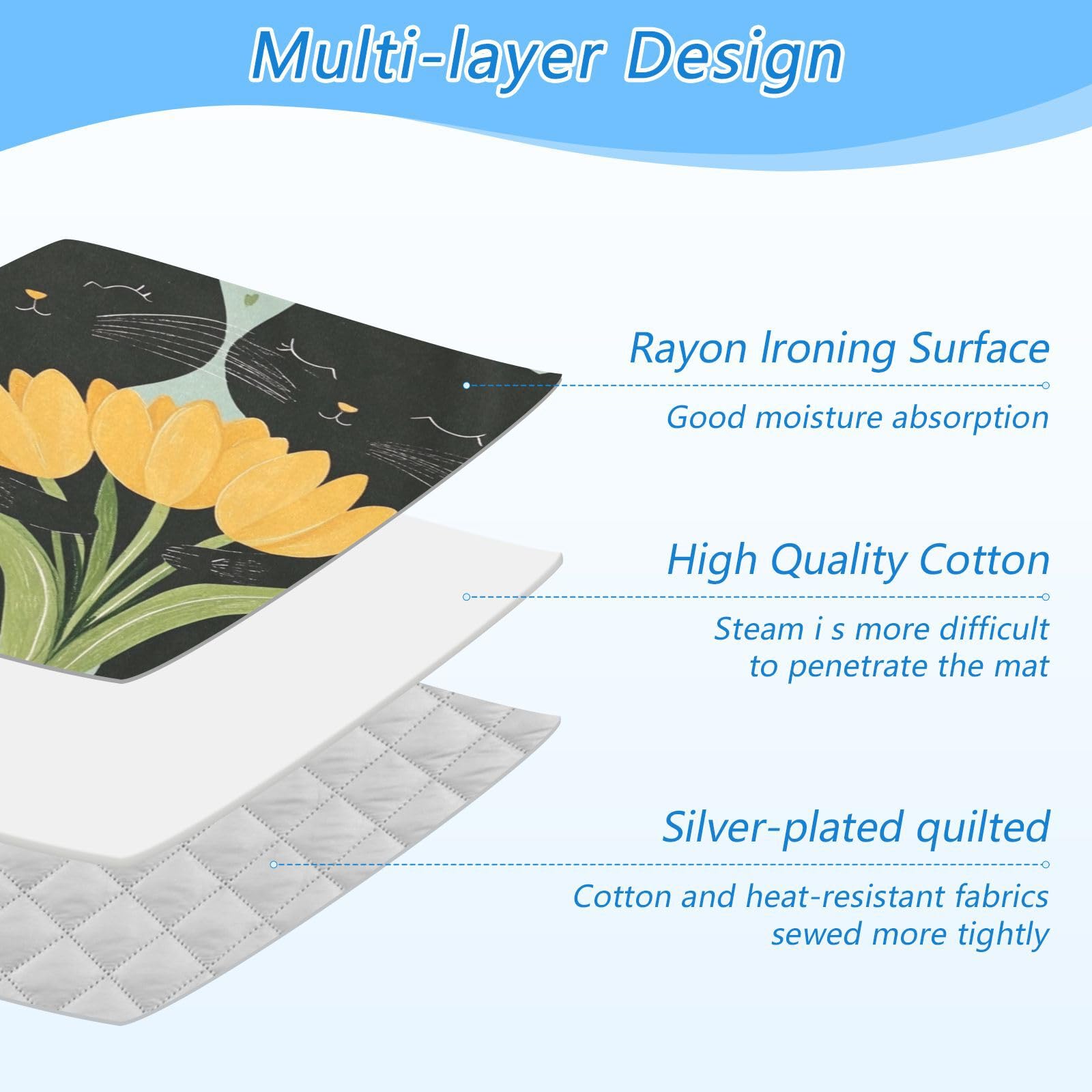 Black Cats Tulips Green Ironing Mat Thickened Ironing Blanket Travel Portable Double