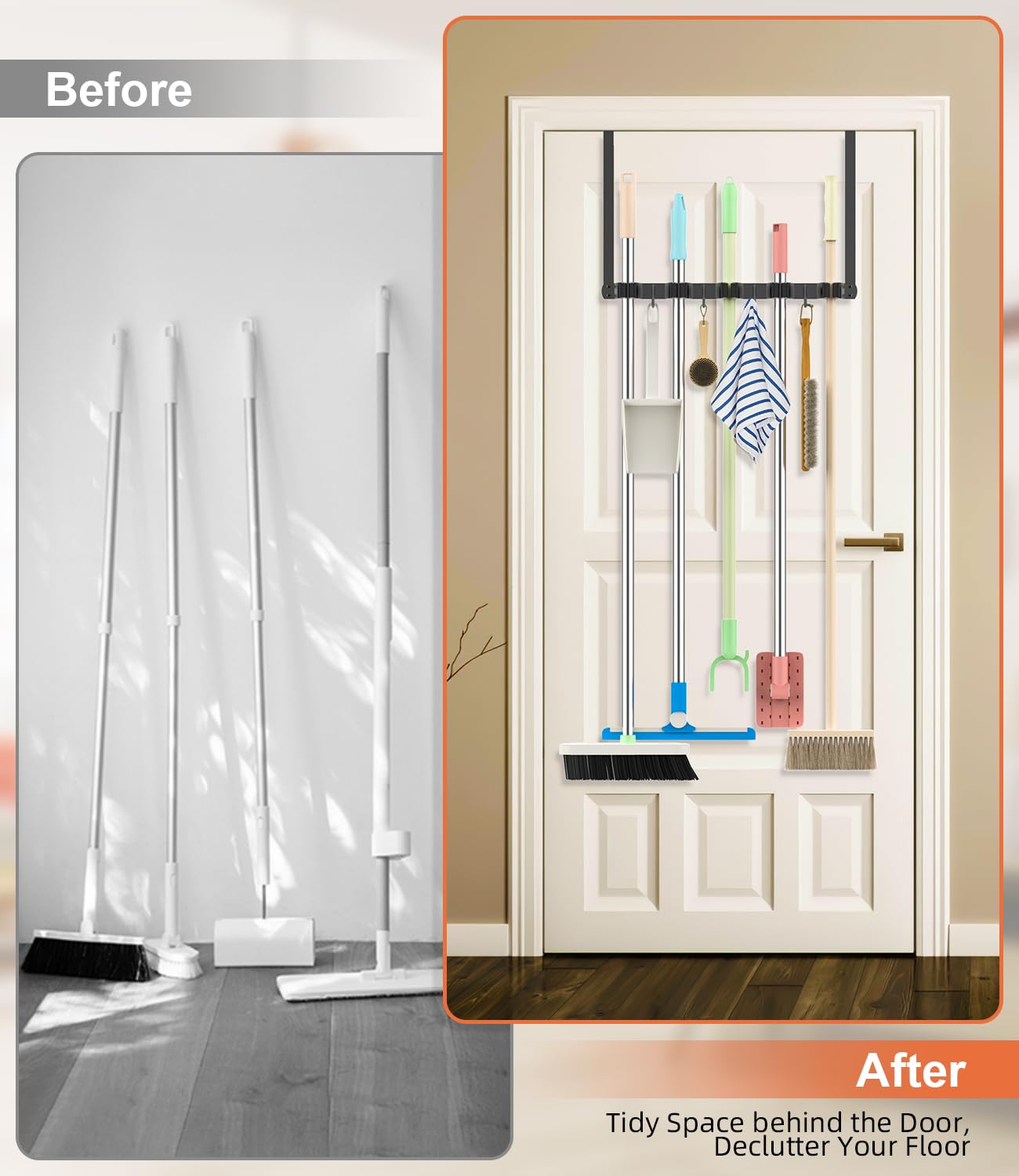 Broom Holder Over The Door with 4 Over Door Hook