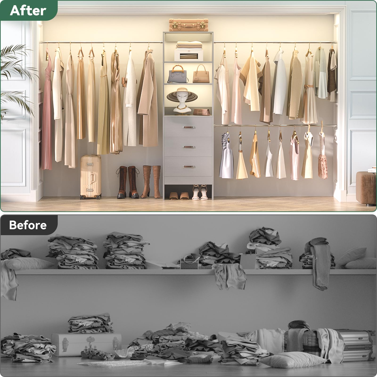 96'' Closet Organizer System with 3 Hanging Rods