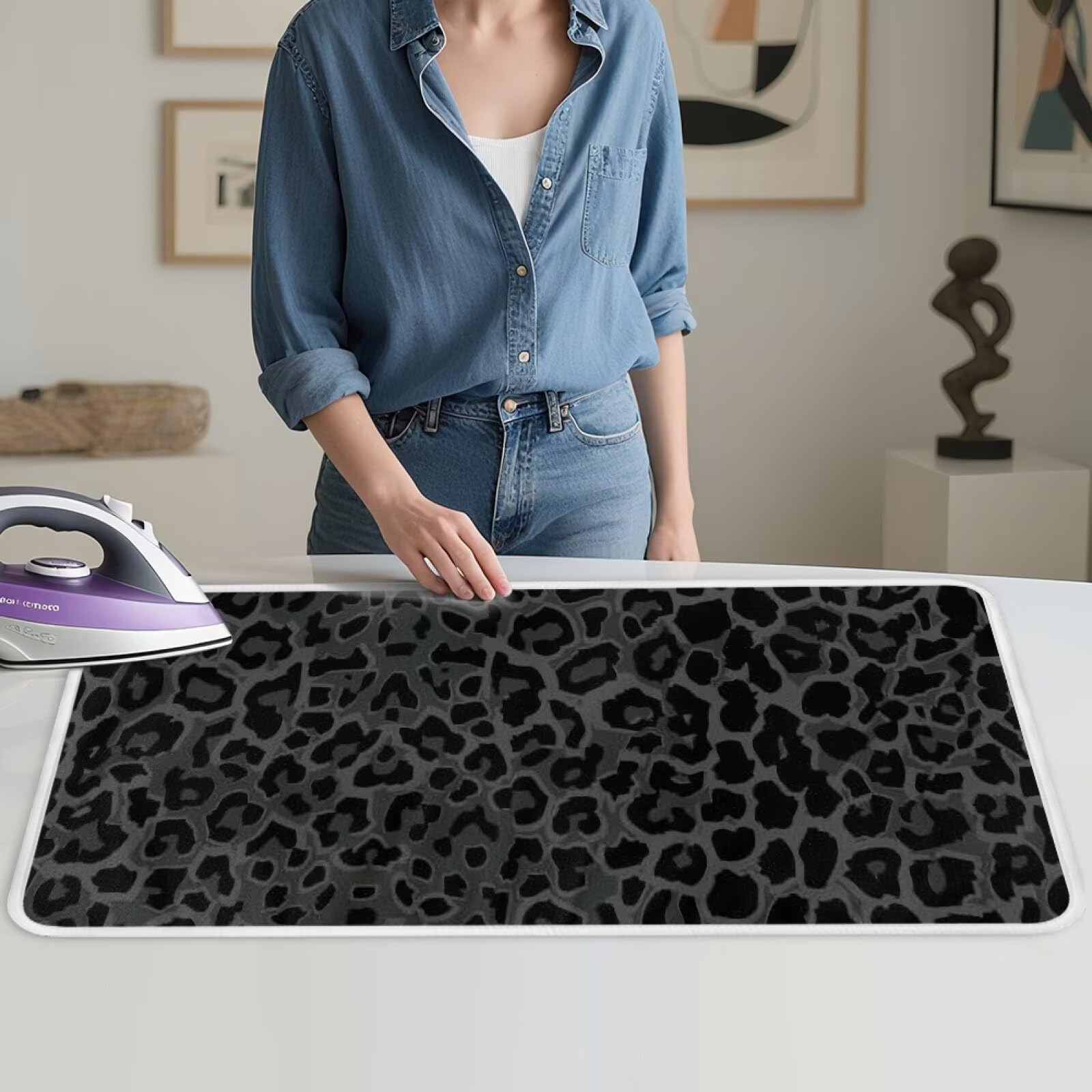 Black Ironing Mat Portable Leopard Print Ironing Pad for Steam Pressing on Tabletop or Bed