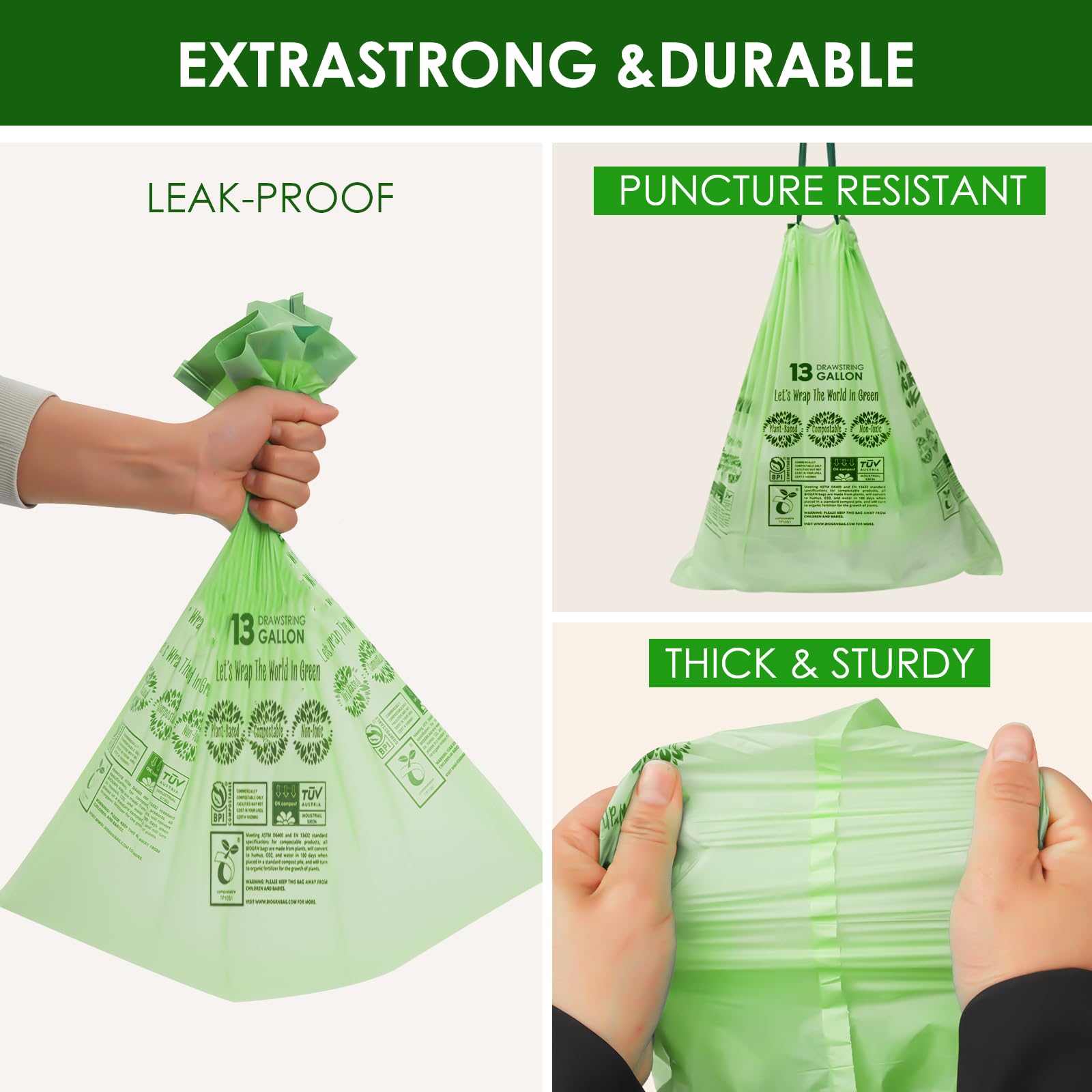 10 13 Gallon Compostable Trash Bags with Drawstring (30 Count)