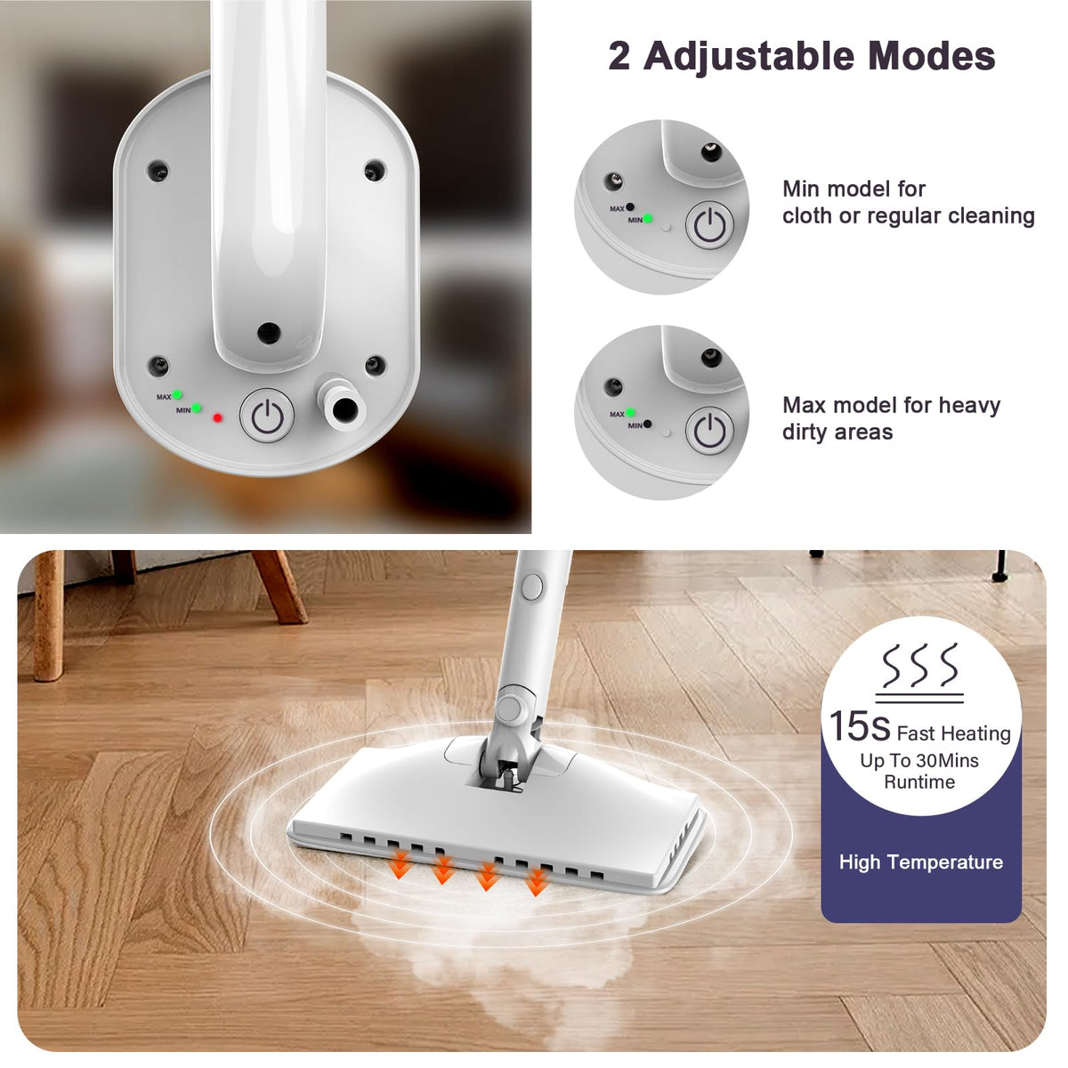 6-in-1 Steam Mop, 1200W Rotated Steam Cleaner for Home, 2 Modes, 400ML Removable Tank, 23FT Power Cord, 2 Pads, Multi-Surface Steamer for Hard Floor, Laminate Floor, Tiles Cleaning (White Silk)