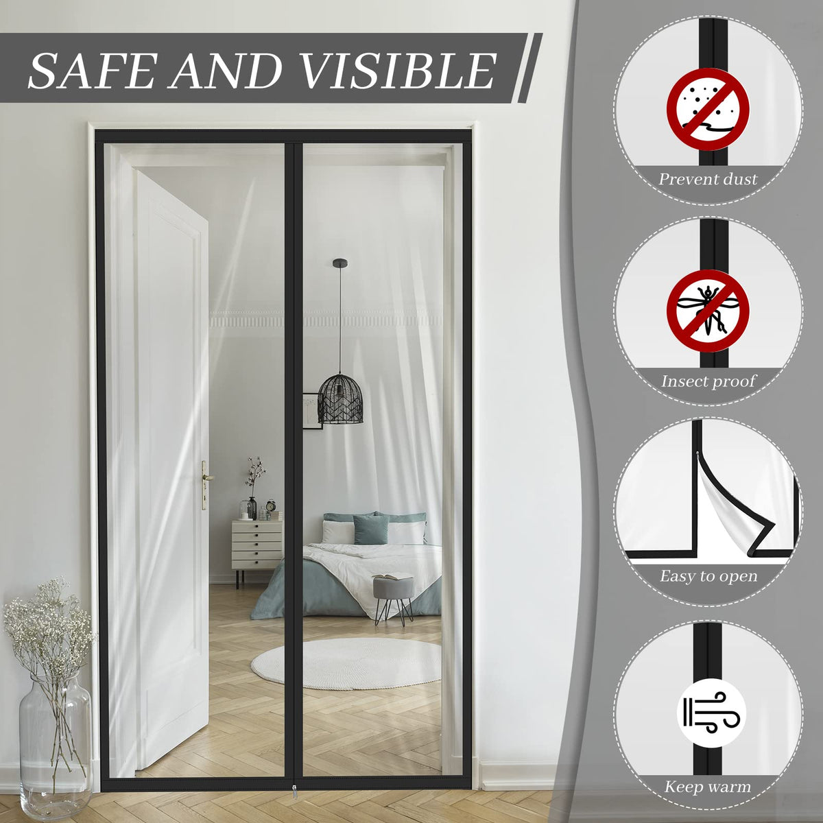 Zipper 48 x 87 Inch Dust Barrier Door Kit Construction Door Barrier 4 x 7.25 ft Reusable Plastic Curtain Cover Containment Standard Doorway Temporary Wall Screen Sheeting for Bathroom Hallway