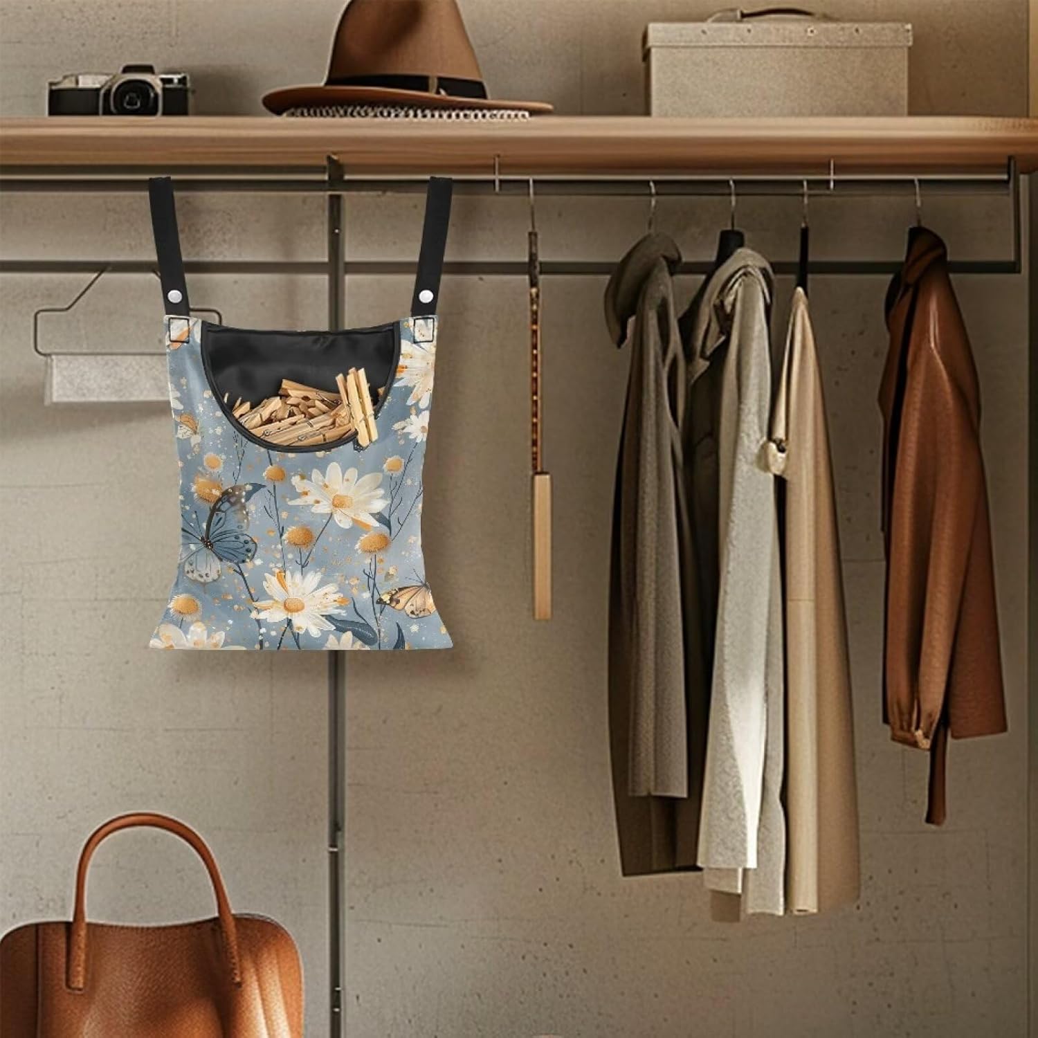 Butterfly Clothespin Bag with Hanging Rope 14.5 x 12 Inch Summer Waterproof Laundry Clothes Pin Holder Clothespin Storage Organizer with Large Opening for Home Outdoor