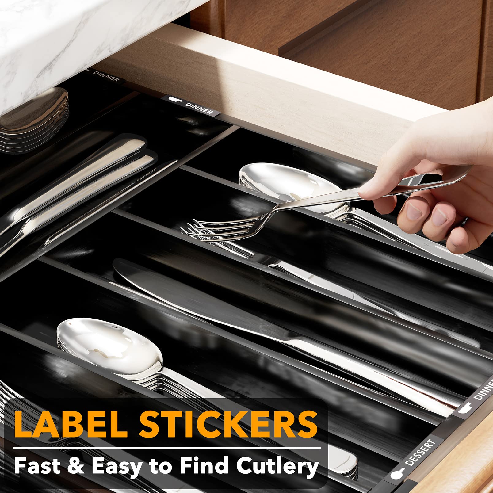 Bamboo Silverware Drawer Organizer with Labels