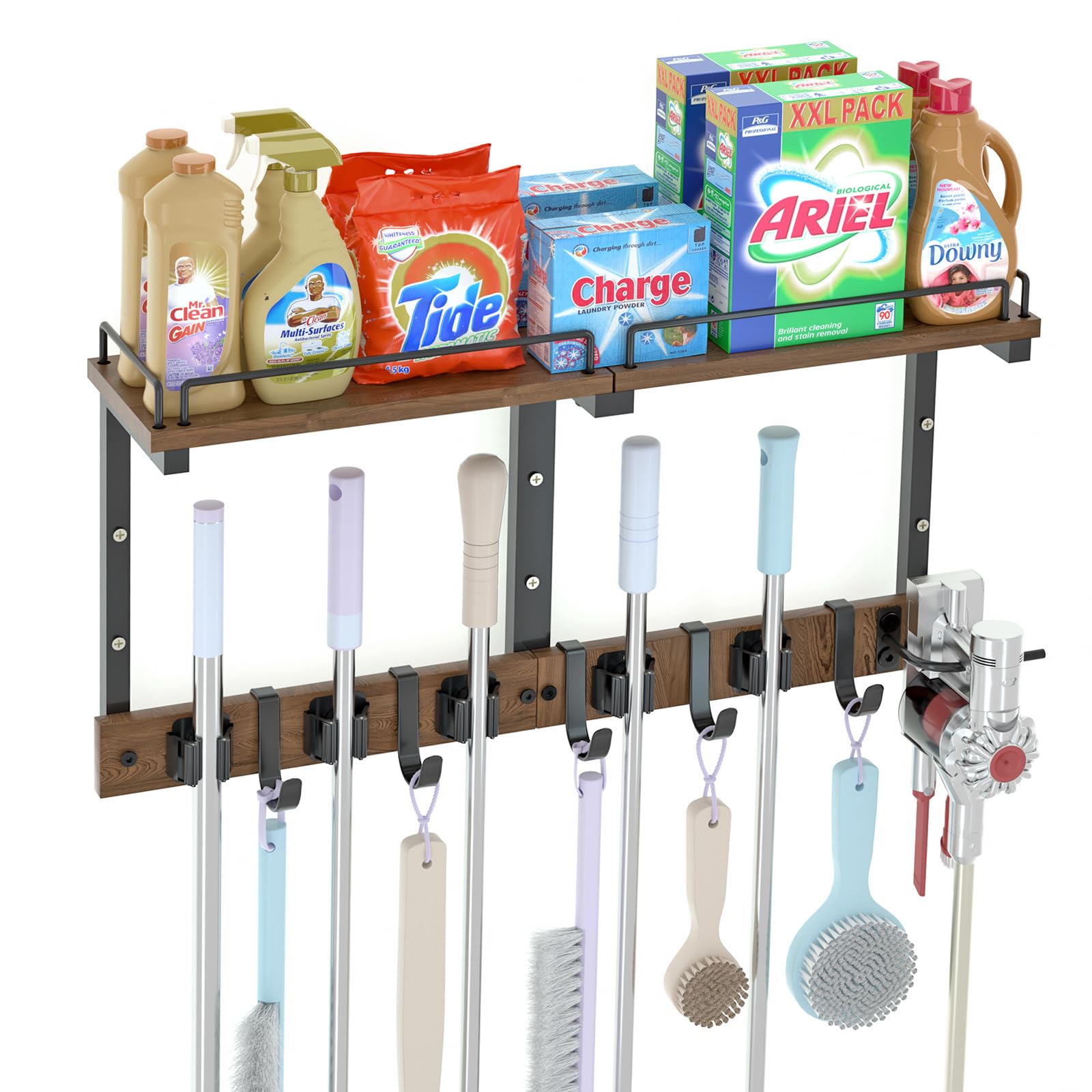 Broom and Mop Organizer Wall Hanging with Cleaning Supplies Organizer