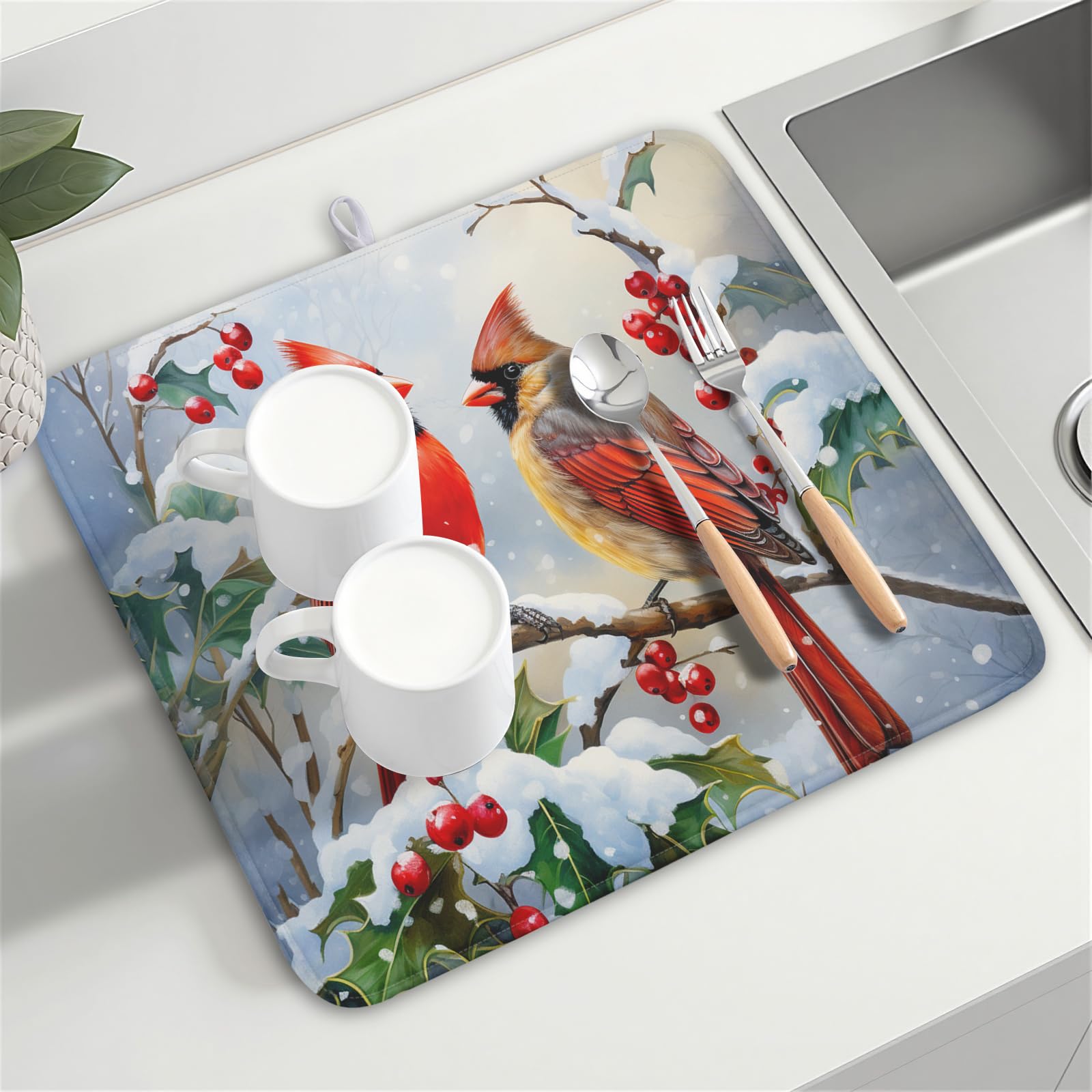Winter Cardinal Birds Dish Drying Mat