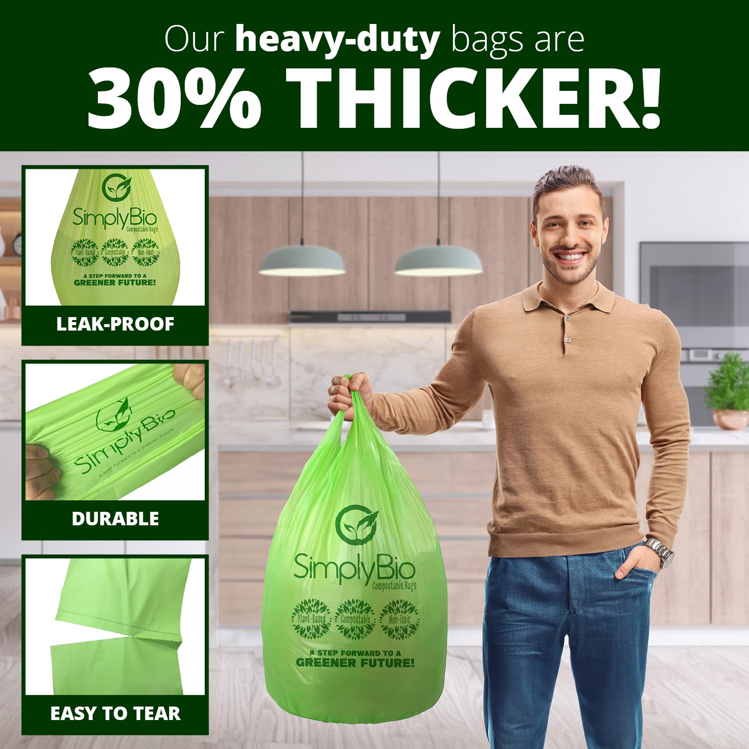 13 Gallon Compostable Trash Bags Liners with Handle (30 Count)