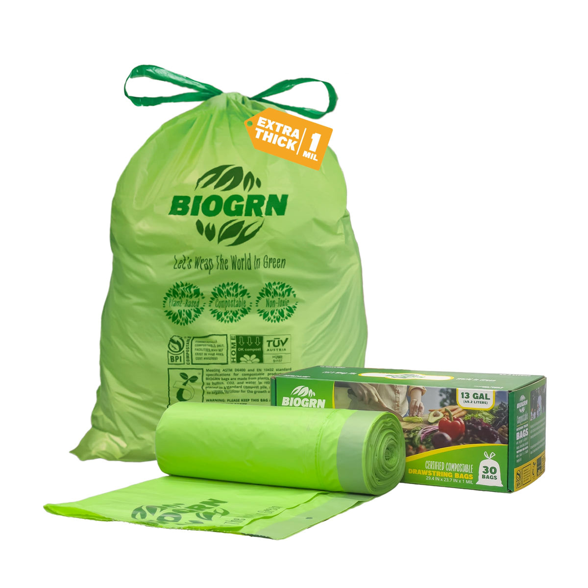 10 13 Gallon Compostable Trash Bags Drawstring 30 Bags Heavy Duty Extra Thick 1 Mil 49.21 Liter Biodegradable Trash Bags Compost Bags Green for Kitchen ASTM D6400 US BPI and OK Compost Home Certified (30 Count)