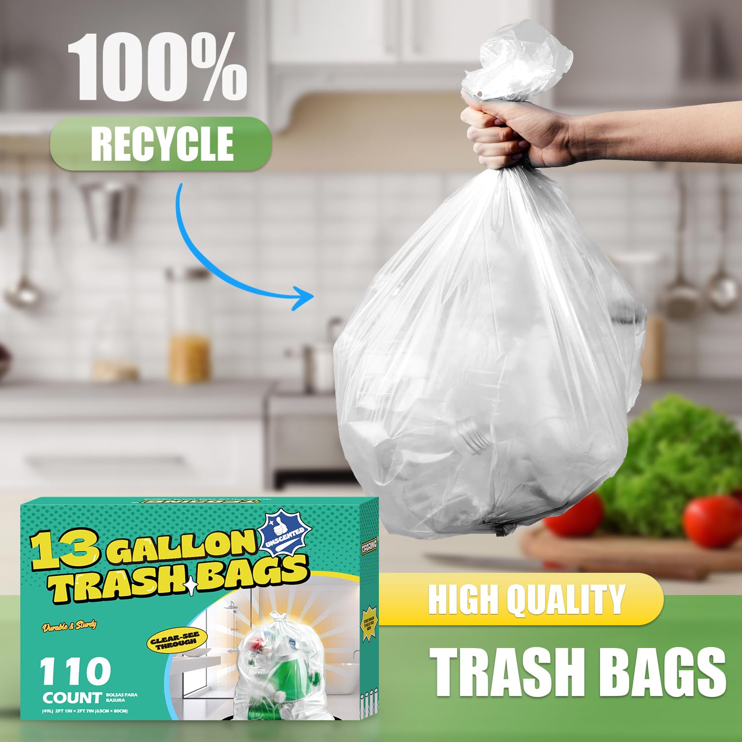 13 Gallon Tall Kitchen Trash Bags Unscented (110 Count)