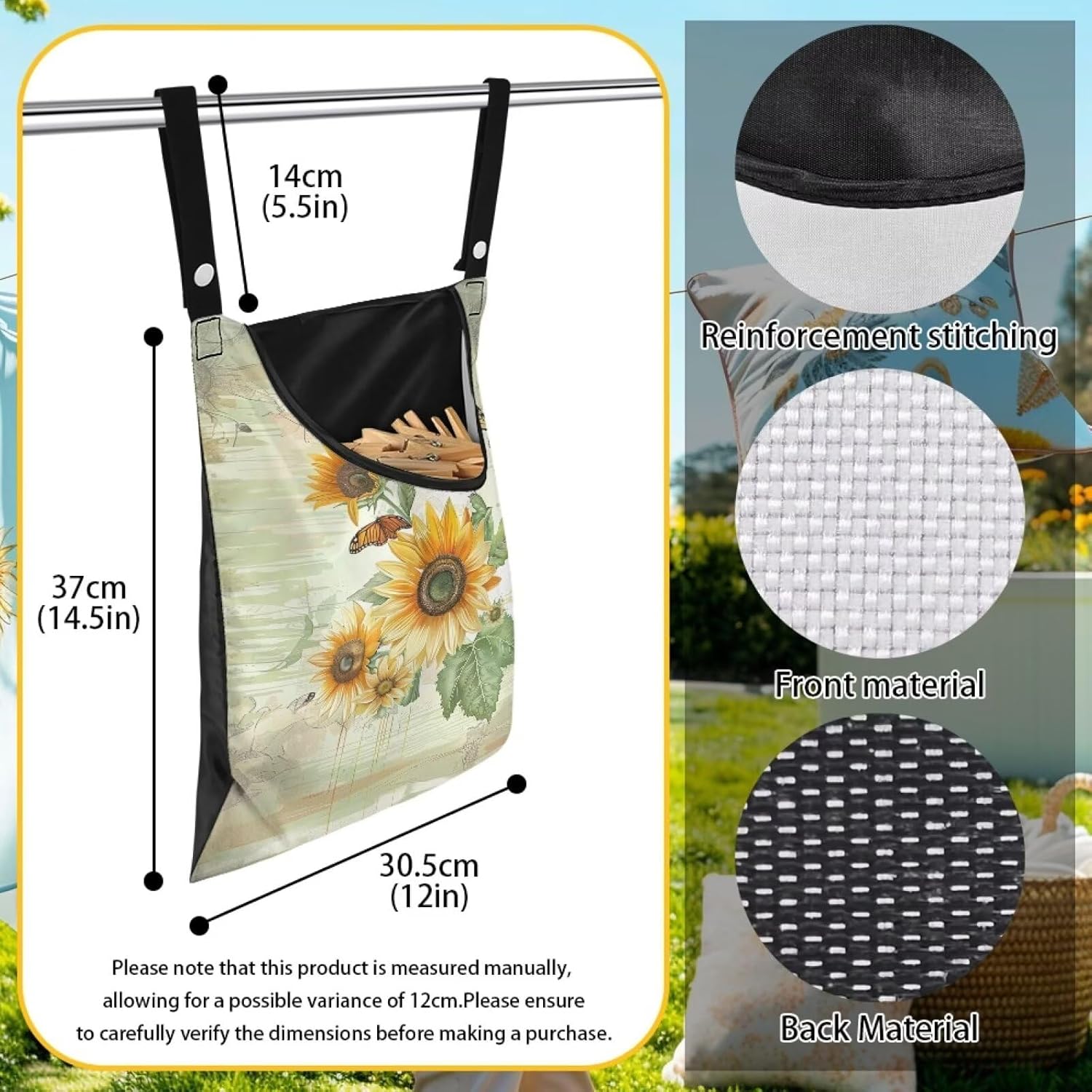 Sunflowers Butterfly Clothespin Bag Clothespin Bag for Clothesline Outdoor Clothespin Storage with Hanger Hook Clothespin Bags Hanging Outdoor Waterproof Clothespin Storage