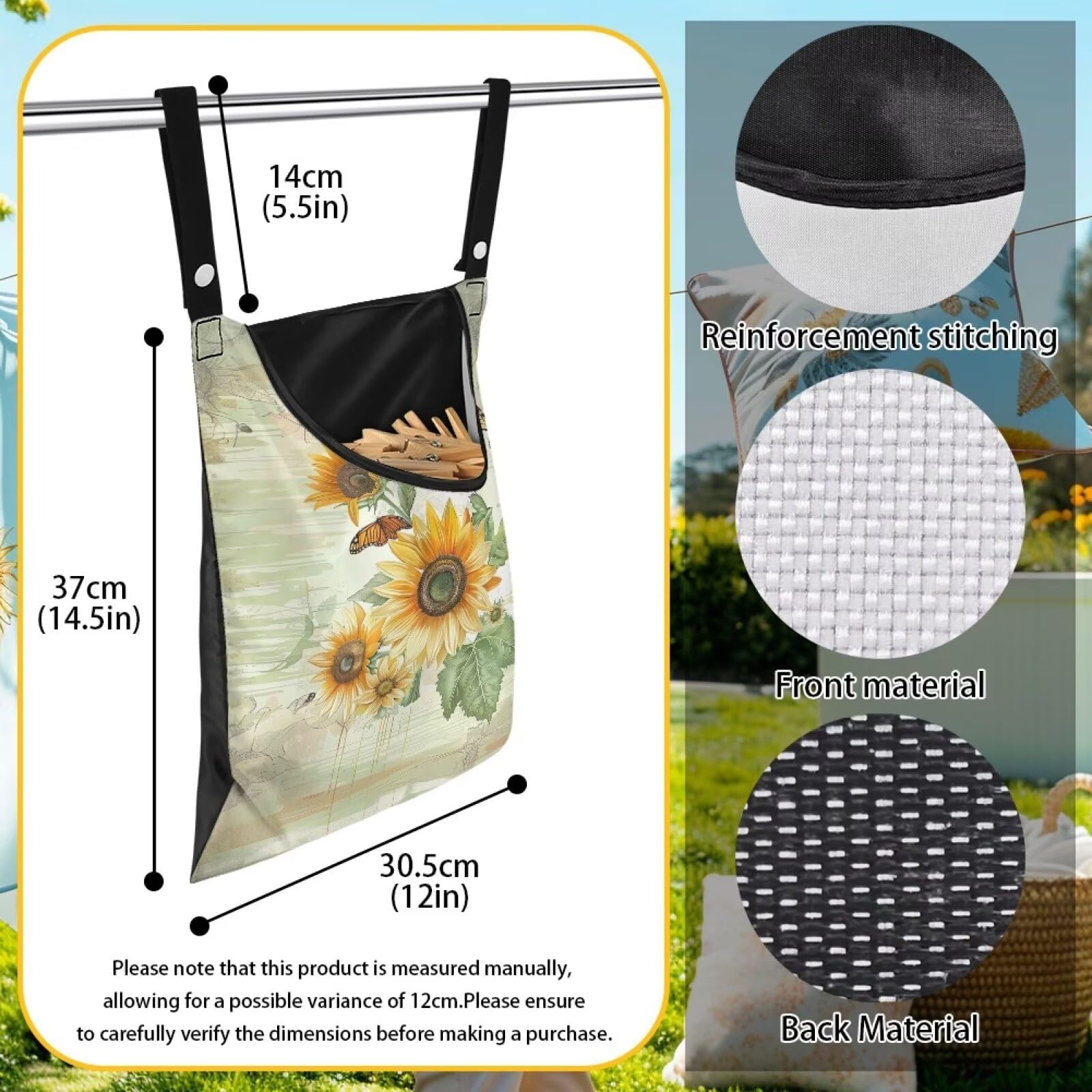 Sunflowers Butterfly Clothespin Bag for Clothesline Outdoor Storage with Hanger Hook