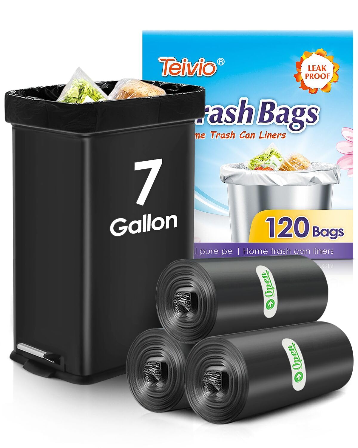 Black Trash Bags 7 Gallon 120 Count Kitchen Garbage Bags Unscented