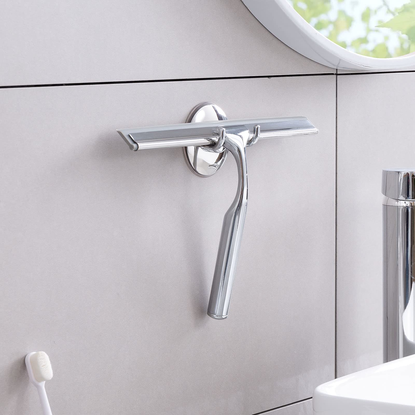 Shower Squeegee Clear Glass Wall Cleaner Stainless Steel with Suction Storage Hook