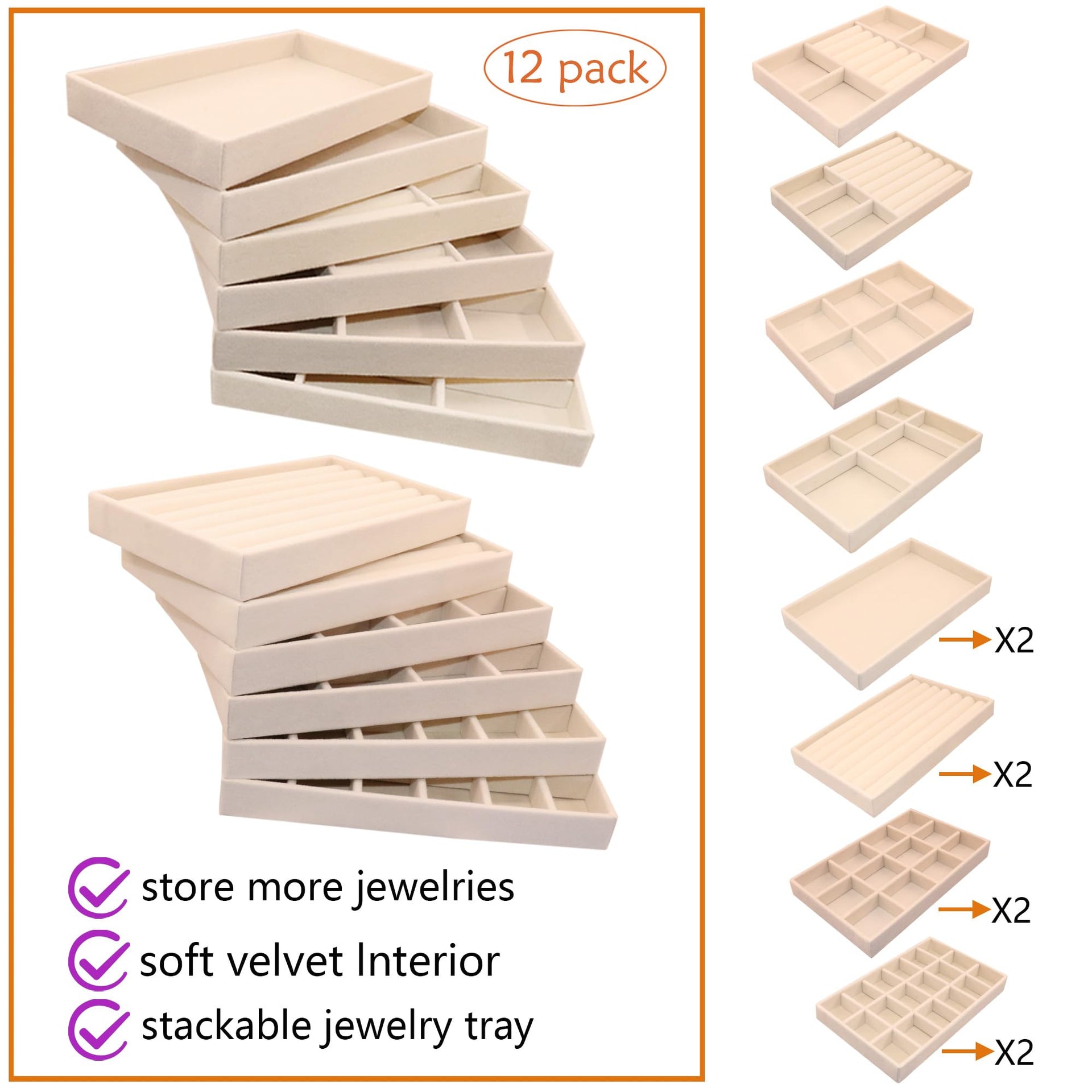 12Set Jewelry Trays Velvet Jewelry Display Plate Stackable Jewelry Drawer Organizer Earring Organizer for Women (12 Count)