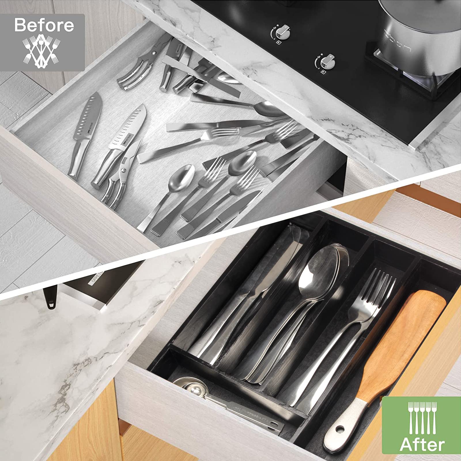 Wooden Cutlery Utensil Tray Black Kitchen Silverware Drawer Organizer Trays