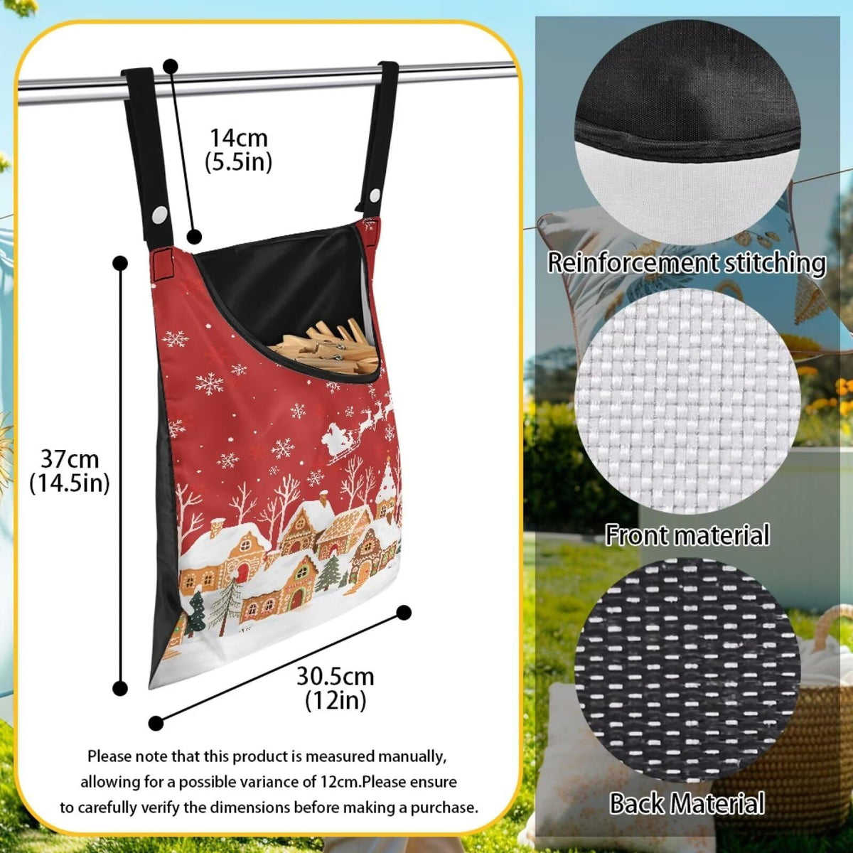 Red Christmas Village Laundry Clothespin Bags Hanging Storage Organizer 12 x 14.5 Inch Clothes Pin Bag Waterproof Clothespin Bag Clothespins Holder Large Opening and Hanging Rope
