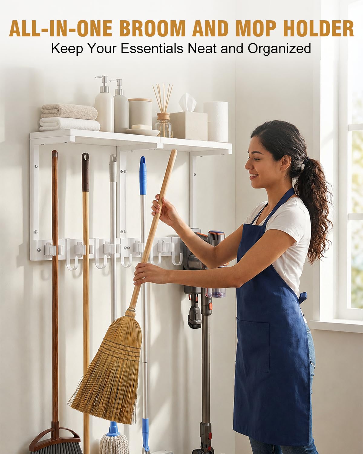 Large Broom Holder Wall Mount with Shelf