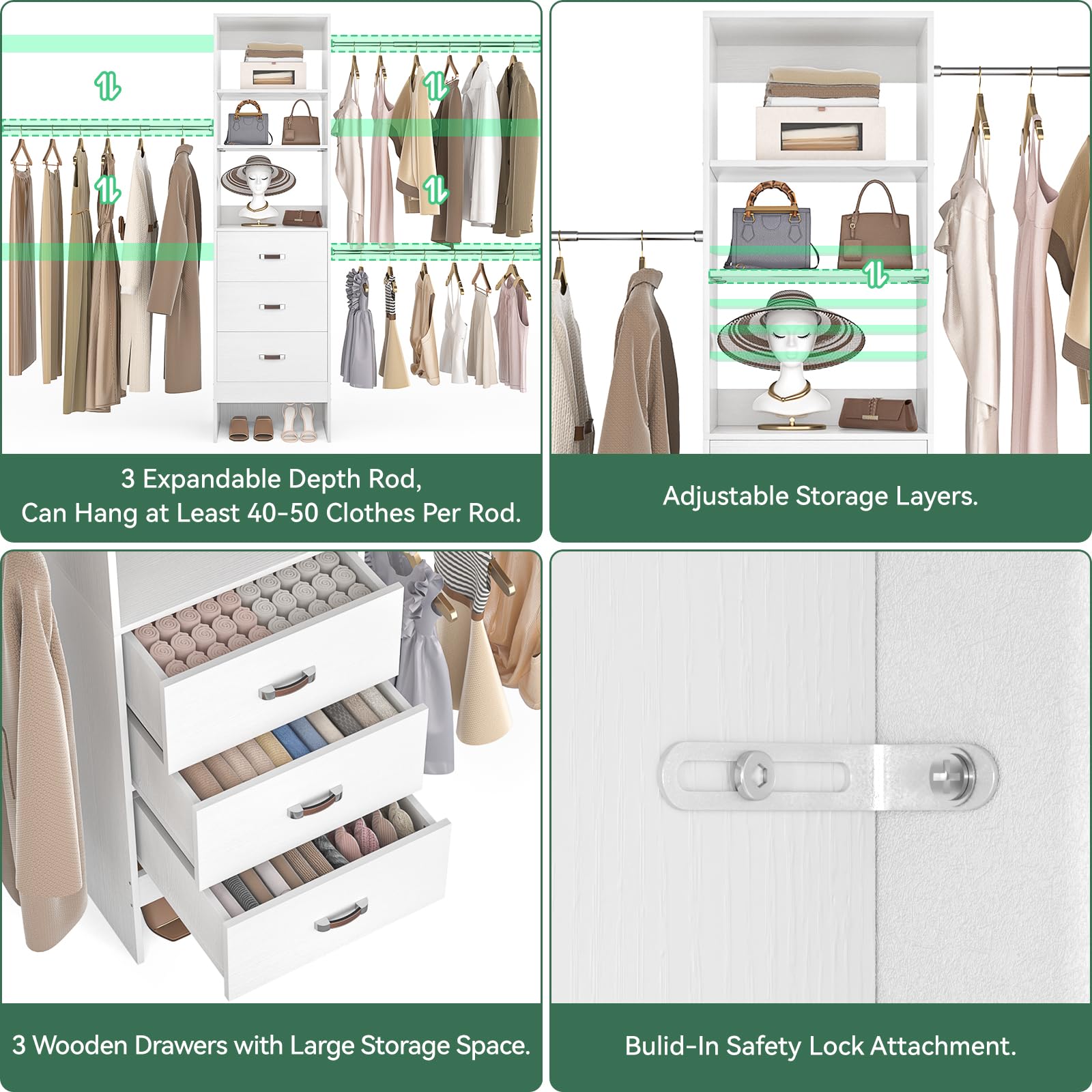 96'' Closet Organizer System with 3 Hanging Rods