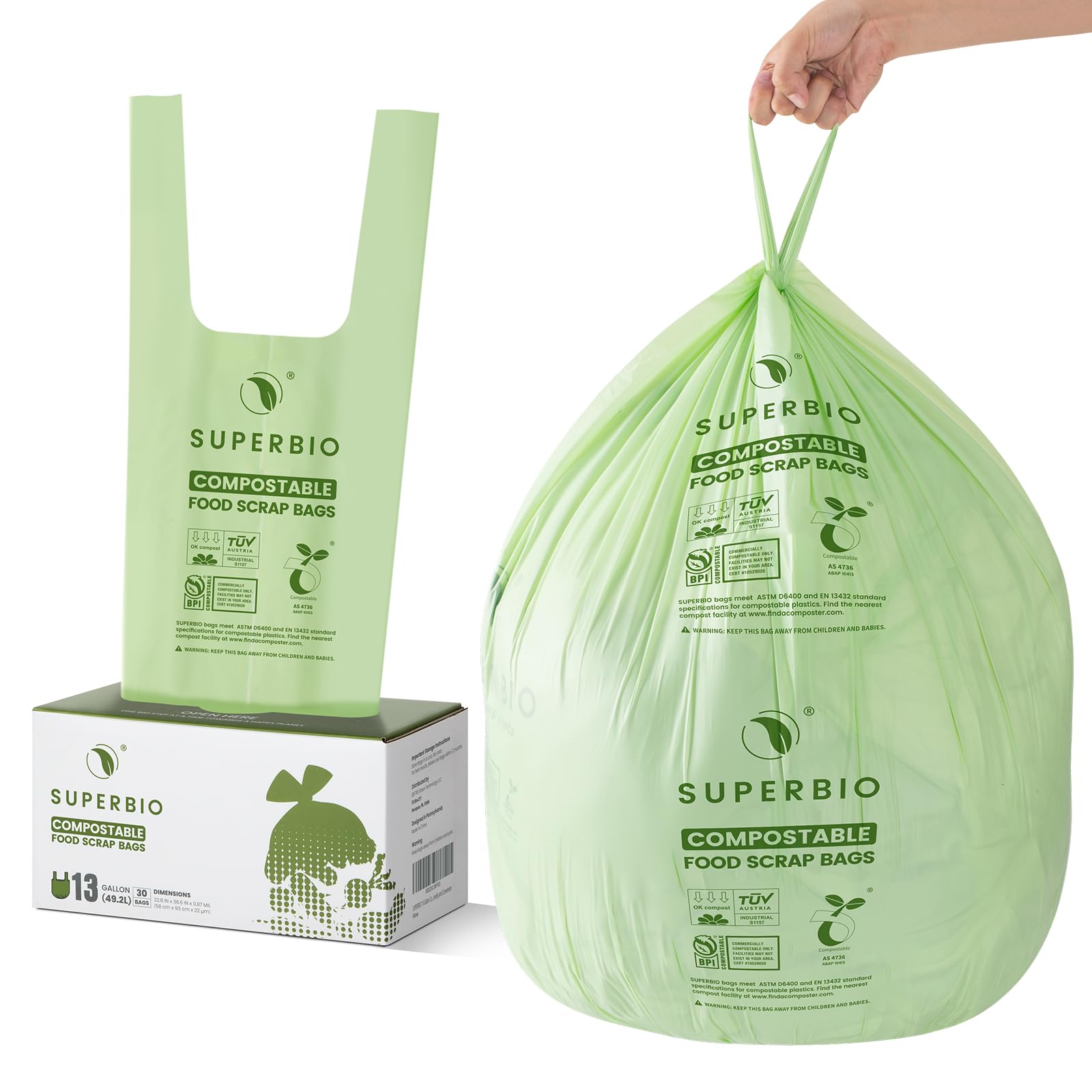 13 Gallon Compostable Kitchen Waste Bags with Handles (30 Count)