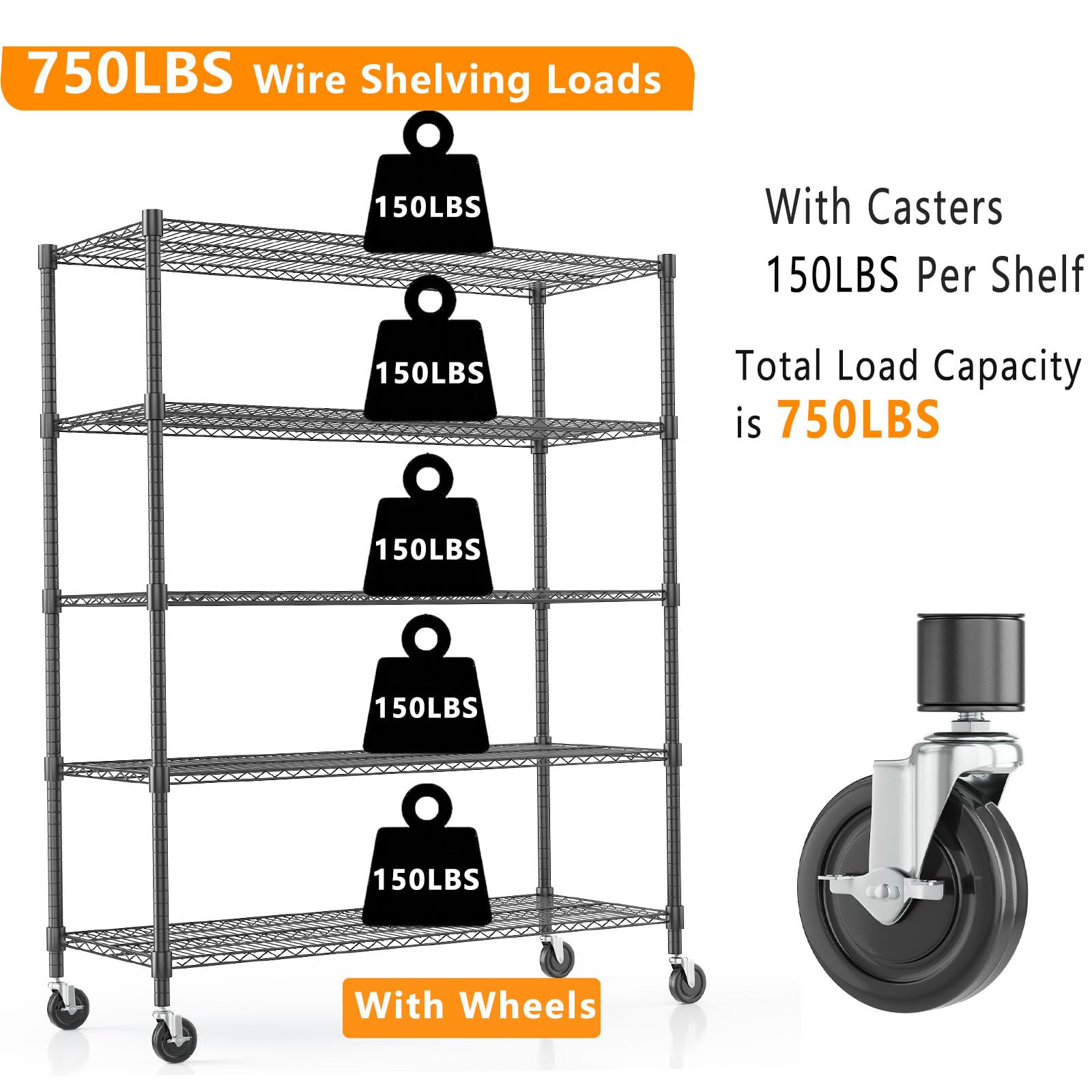 82" H Storage Shelves 5 Tier Metal Shelving Adjustable Wire Shelf with Wheels